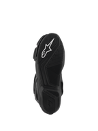 Alpinestars Stella SMX-6 V3 Drystar® Laarzen, onderaanzicht van de zwarte rubberen zool, opvallend wit Alpinestars sterlogo, getextureerde grippatronen voor tractie, gestroomlijnd ontwerp voor controle over de motorfiets