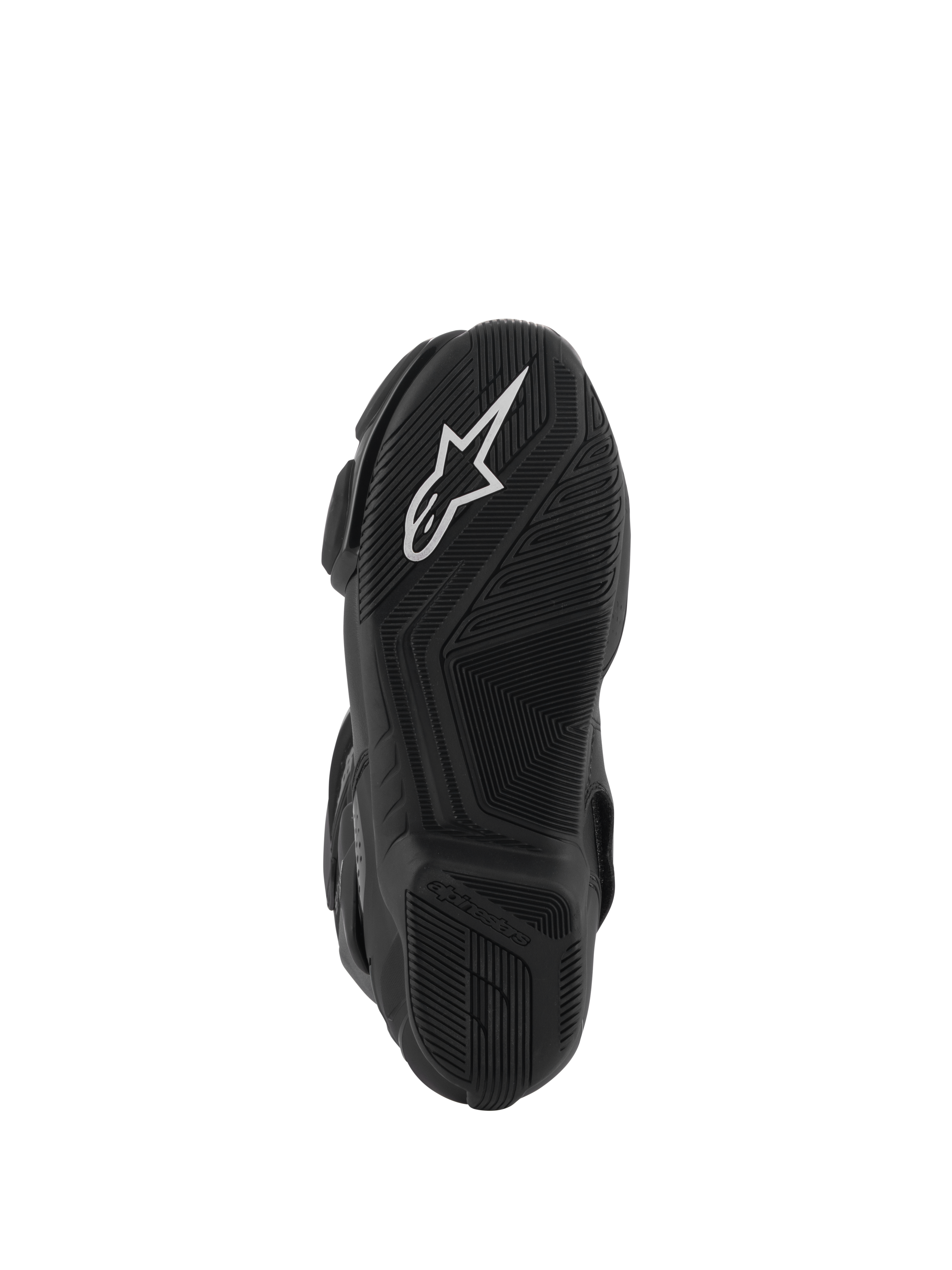 Alpinestars Stella SMX-6 V3 Drystar® Laarzen, onderaanzicht van de zwarte rubberen zool, opvallend wit Alpinestars sterlogo, getextureerde grippatronen voor tractie, gestroomlijnd ontwerp voor controle over de motorfiets