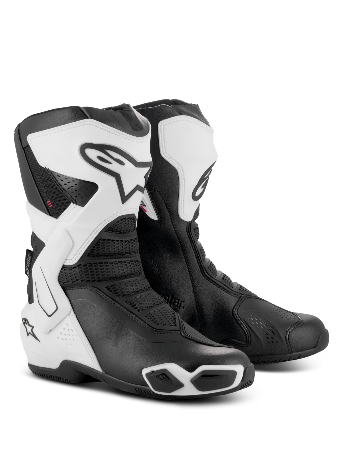 Alpinestars Stella SMX-6 V3 Drystar® laarzen, performance motorlaarzen voor dames, wit en zwart, met beschermende TPU-scheenplaten, laterale enkelbraces en geïntegreerde sliders, sportief ontwerp met opvallend Alpinestars-logo en mesh-accenten