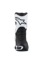Alpinestars Stella SMX-6 V3 Drystar® laarzen, dames motorlaarzen, wit en zwart, vooraanzicht met de witte scheenplaat en het Astars-logo, zwarte getextureerde flexzones en beschermende TPU-elementen voor sportief rijden