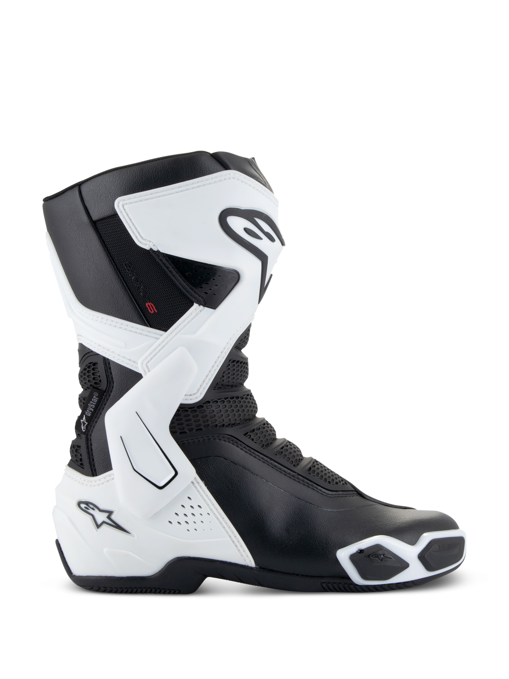 Alpinestars Stella SMX-6 V3 Drystar® laarzen, motorlaarzen voor dames, wit en zwart, zijaanzicht met waterdichte Drystar® technologie, TPU scheen- en enkelbescherming, mesh flexibiliteitszones en een ergonomisch sportief rijontwerp