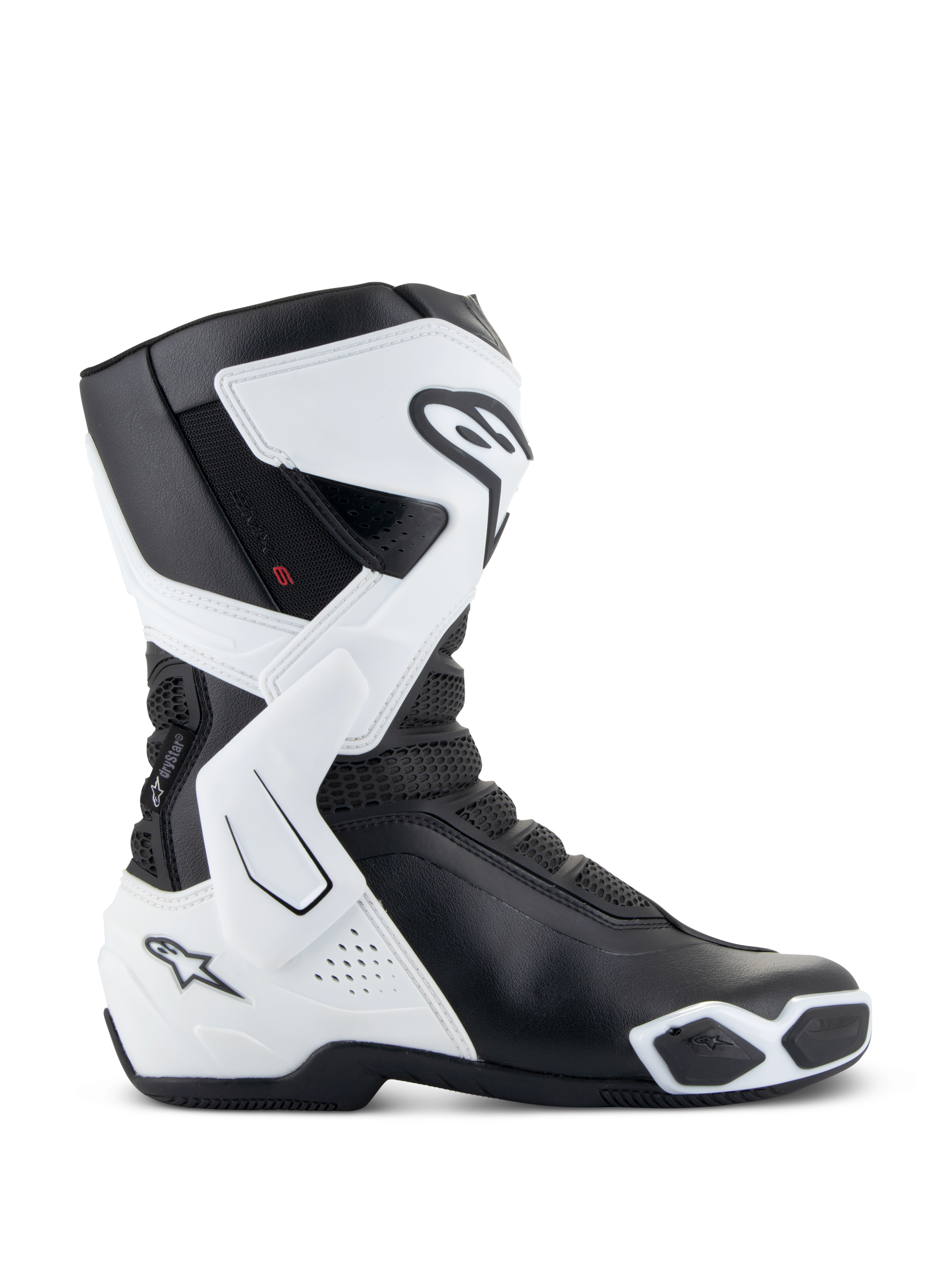 Alpinestars Stella SMX-6 V3 Drystar® laarzen, motorlaarzen voor dames, wit en zwart, zijaanzicht met waterdichte Drystar® technologie, TPU scheen- en enkelbescherming, mesh flexibiliteitszones en een ergonomisch sportief rijontwerp
