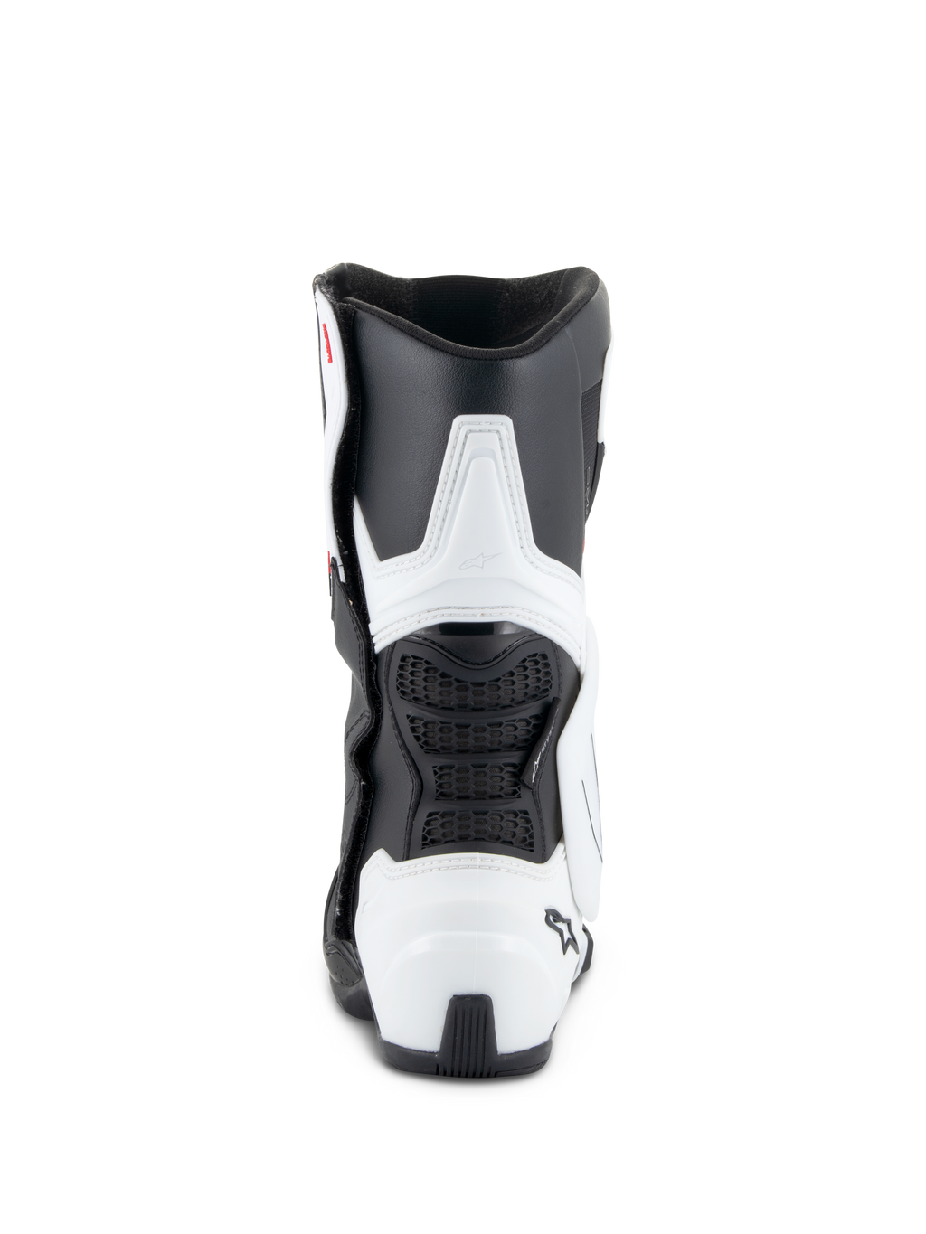 Alpinestars Stella SMX-6 V3 Drystar® Laarzen, dames motorlaarzen, wit en zwart, achteraanzicht met TPU kuit- en hielbescherming, flexibele zwarte mesh-panelen en ergonomisch op de racerij gebaseerd ontwerp.