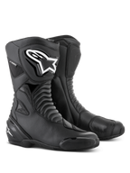 Alpinestars SMX S Waterproof laarzen in Black Black, hoge motorlaarzen met harmonica-flexzones, opvallend wit Alpinestars-logo op de TPU-scheenbeschermer, versterkte schakelpads en vervangbare teen-sliders, ontworpen voor sport-touring en rijden in alle weersomstandigheden