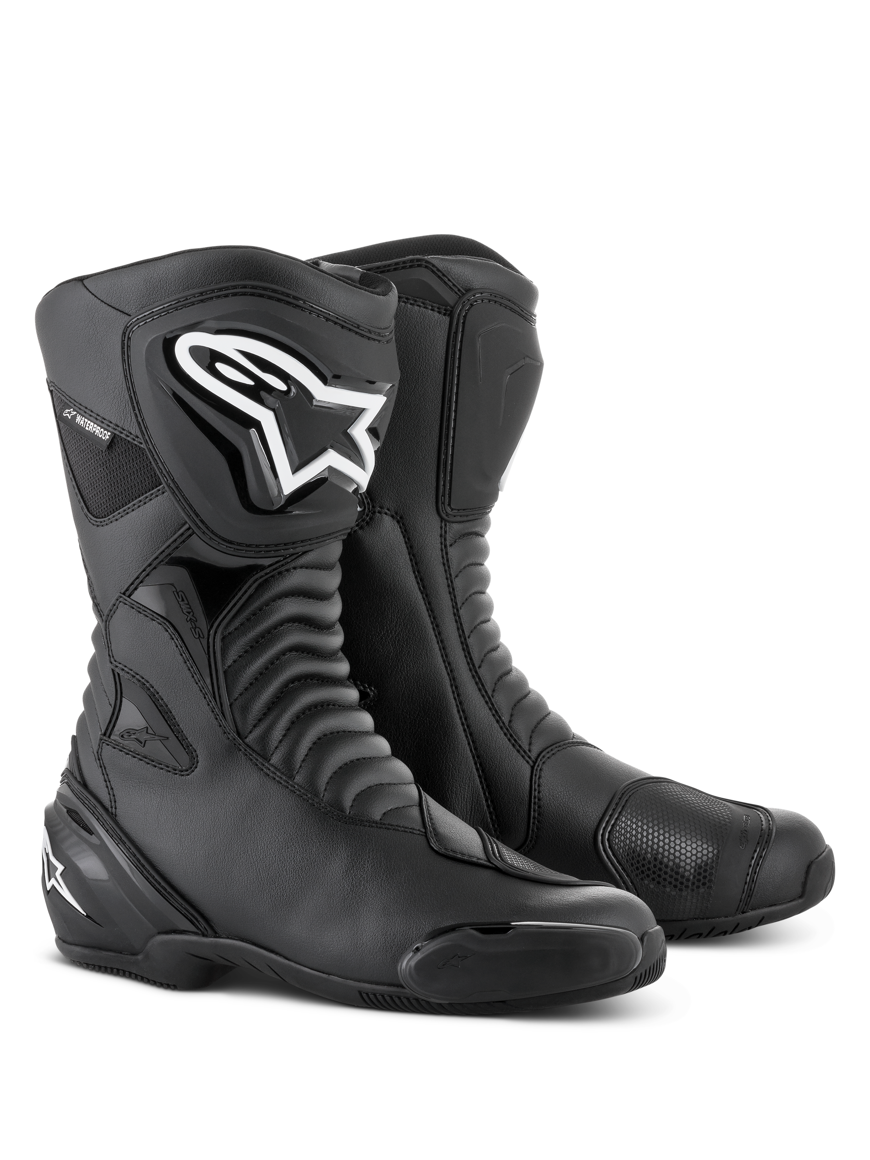 Alpinestars SMX S Waterproof laarzen in Black Black, hoge motorlaarzen met harmonica-flexzones, opvallend wit Alpinestars-logo op de TPU-scheenbeschermer, versterkte schakelpads en vervangbare teen-sliders, ontworpen voor sport-touring en rijden in alle weersomstandigheden