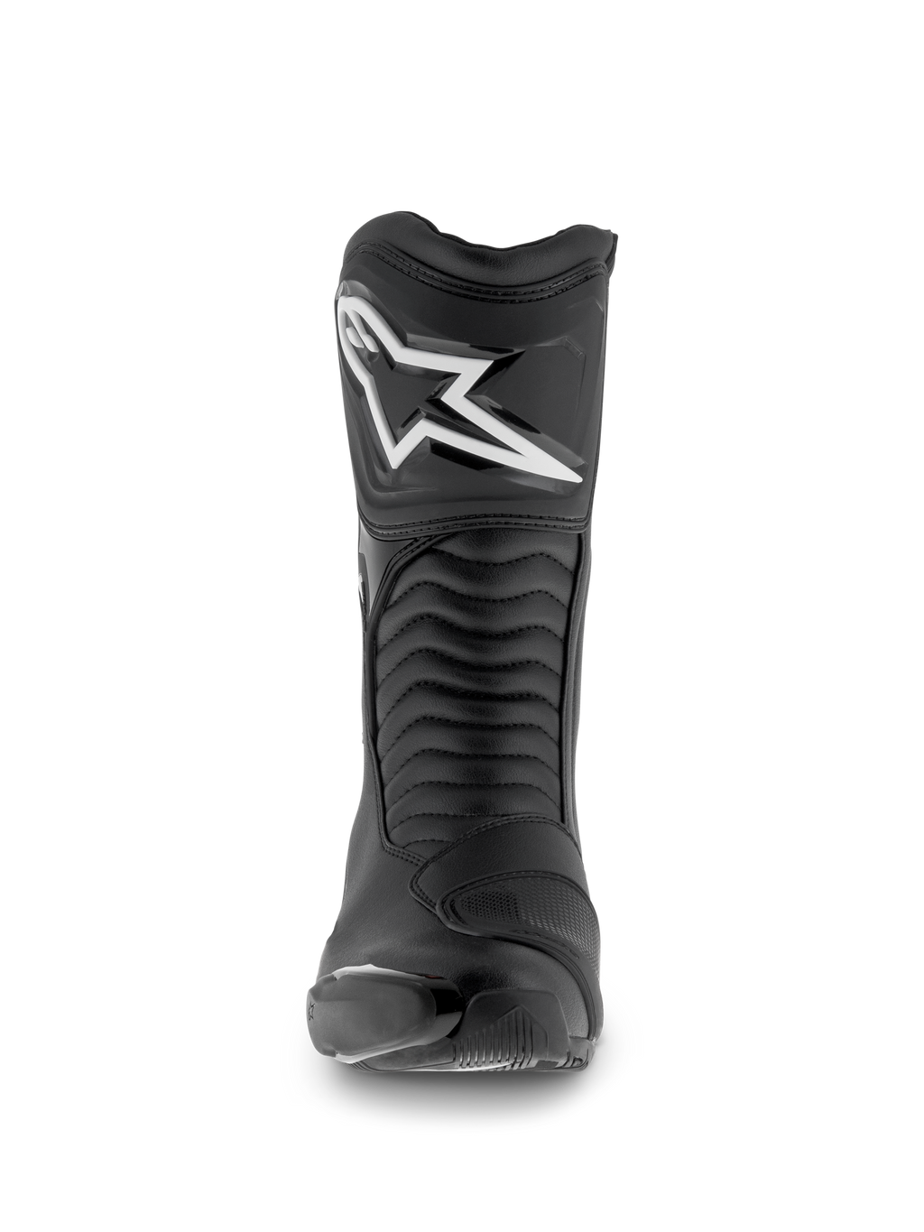Alpinestars SMX S Waterproof laarzen, motorlaarzen, zwart, vooraanzicht met het witte Astar-logo op de scheenplaat, accordeon flexpanelen en duurzame microvezelconstructie voor sport-touring.