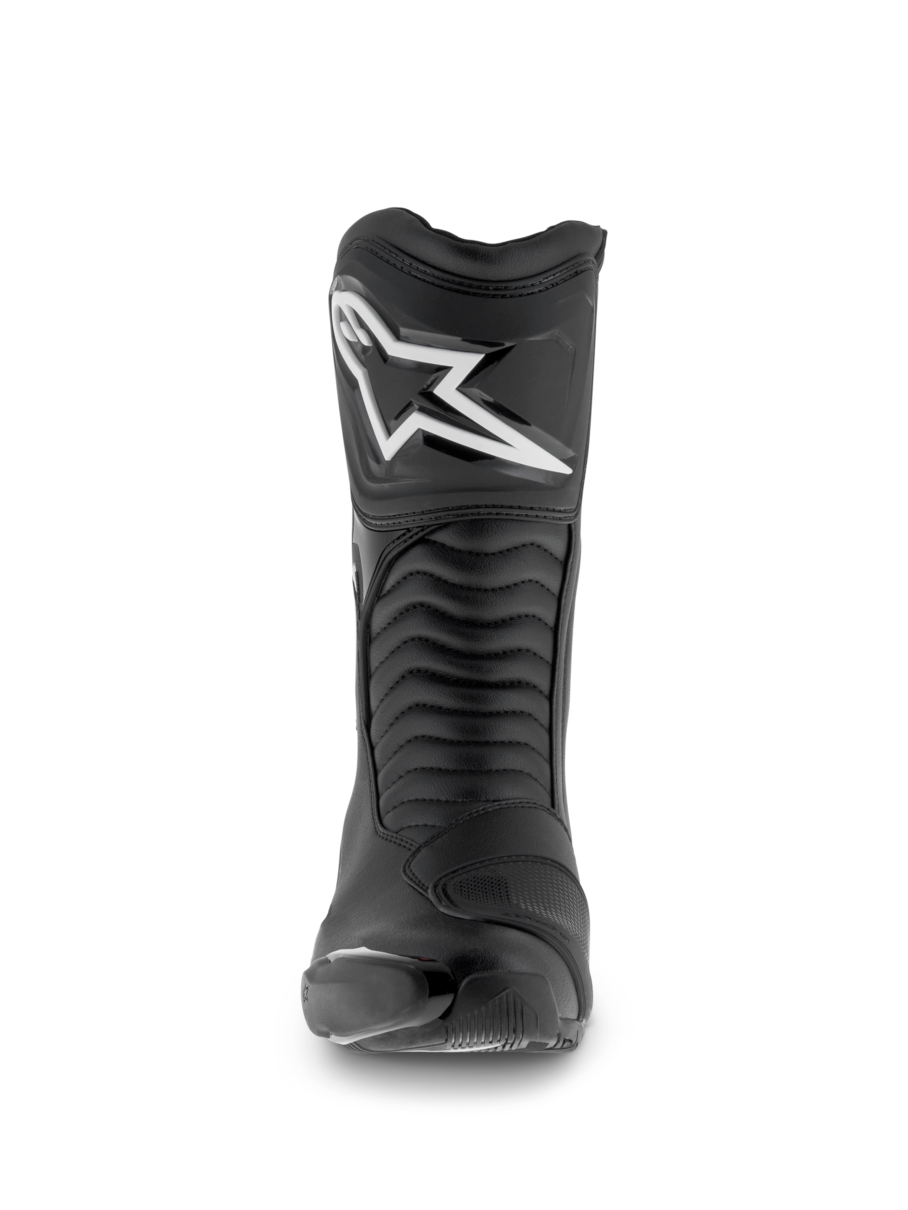 Alpinestars SMX S Waterproof laarzen, motorlaarzen, zwart, vooraanzicht met het witte Astar-logo op de scheenplaat, accordeon flexpanelen en duurzame microvezelconstructie voor sport-touring.