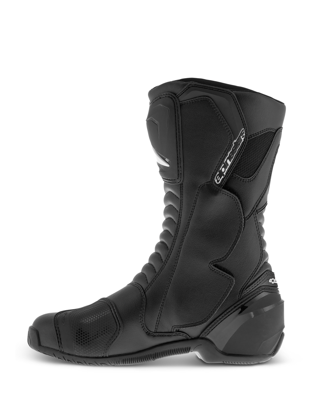 Alpinestars SMX S Waterproof laarzen, zwarte hoge motorlaarzen met een duurzaam microvezel bovenwerk, TPU scheenbeen- en enkelbescherming en een getextureerd schakelpad, zijaanzicht.