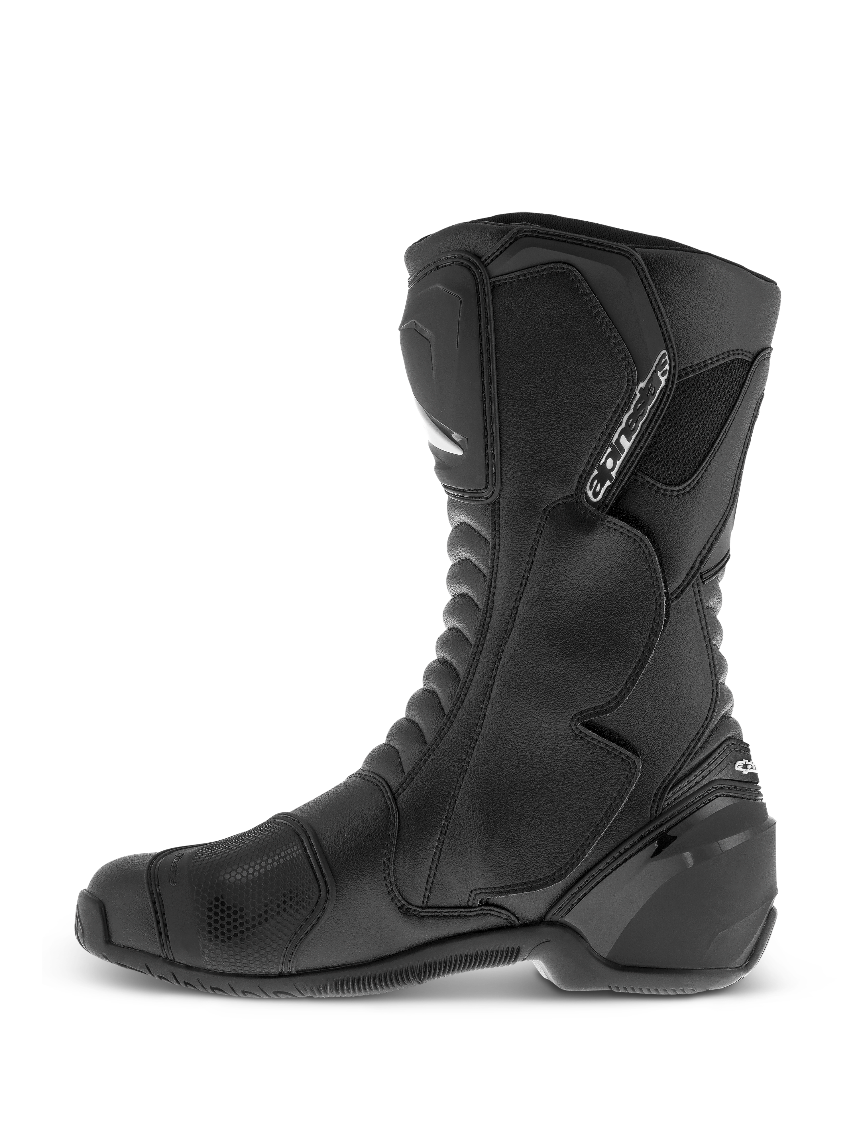 Alpinestars SMX S Waterproof laarzen, zwarte hoge motorlaarzen met een duurzaam microvezel bovenwerk, TPU scheenbeen- en enkelbescherming en een getextureerd schakelpad, zijaanzicht.