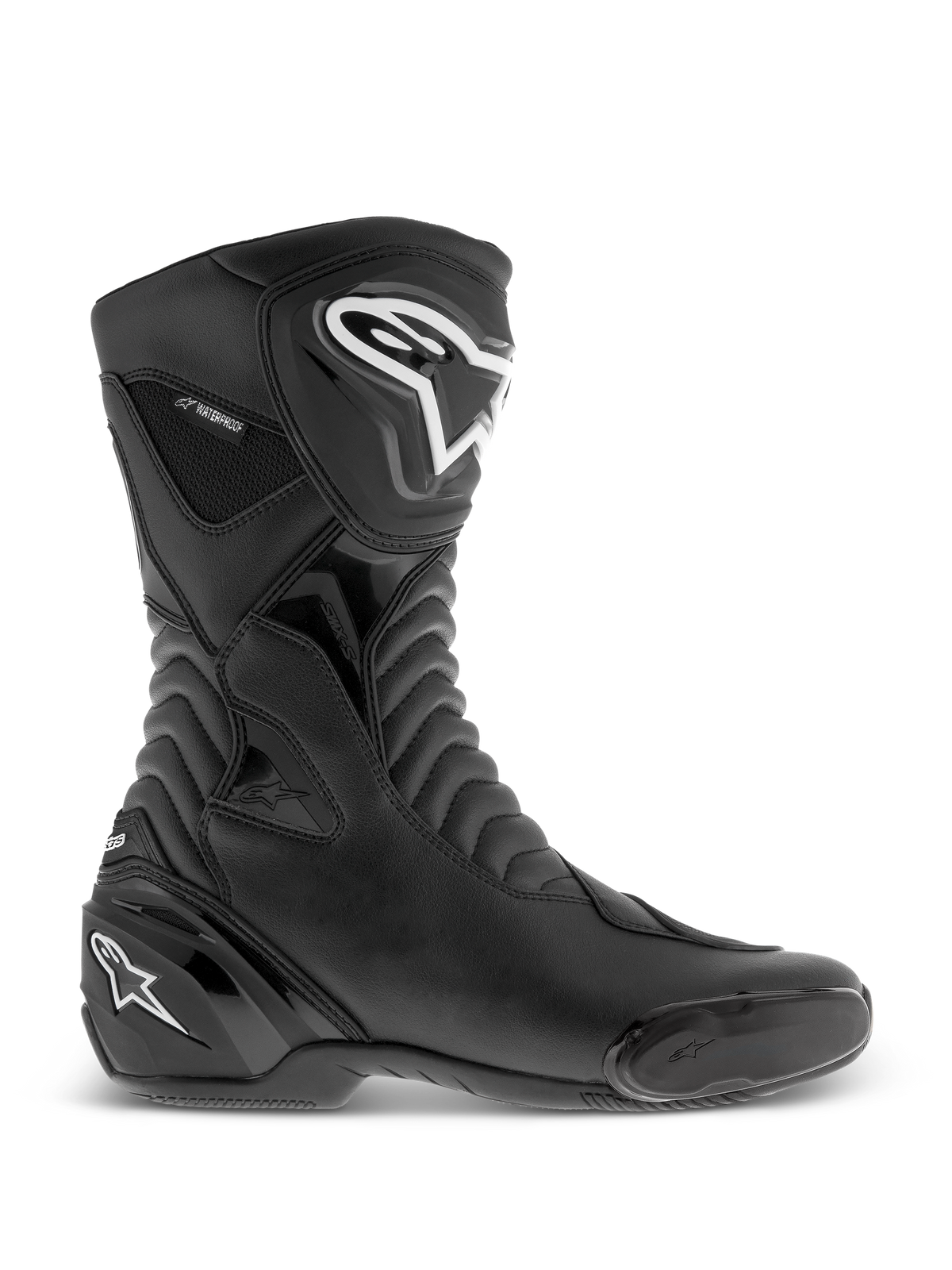 Alpinestars SMX S Waterproof Boots, Black motorcycle boots, side profile view featuring white logos on the shin and heel, textured accordion flex panels, durable microfiber construction, and waterproof branding, sleek sport-touring footwear