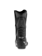 Alpinestars SMX S Waterproof laarzen, zwarte motorlaarzen, achteraanzicht met een verstevigde hielkap en wit logo, geribbelde accordeon-flexpanelen voor enkelmobiliteit, duurzame microvezelconstructie voor sport-touring.