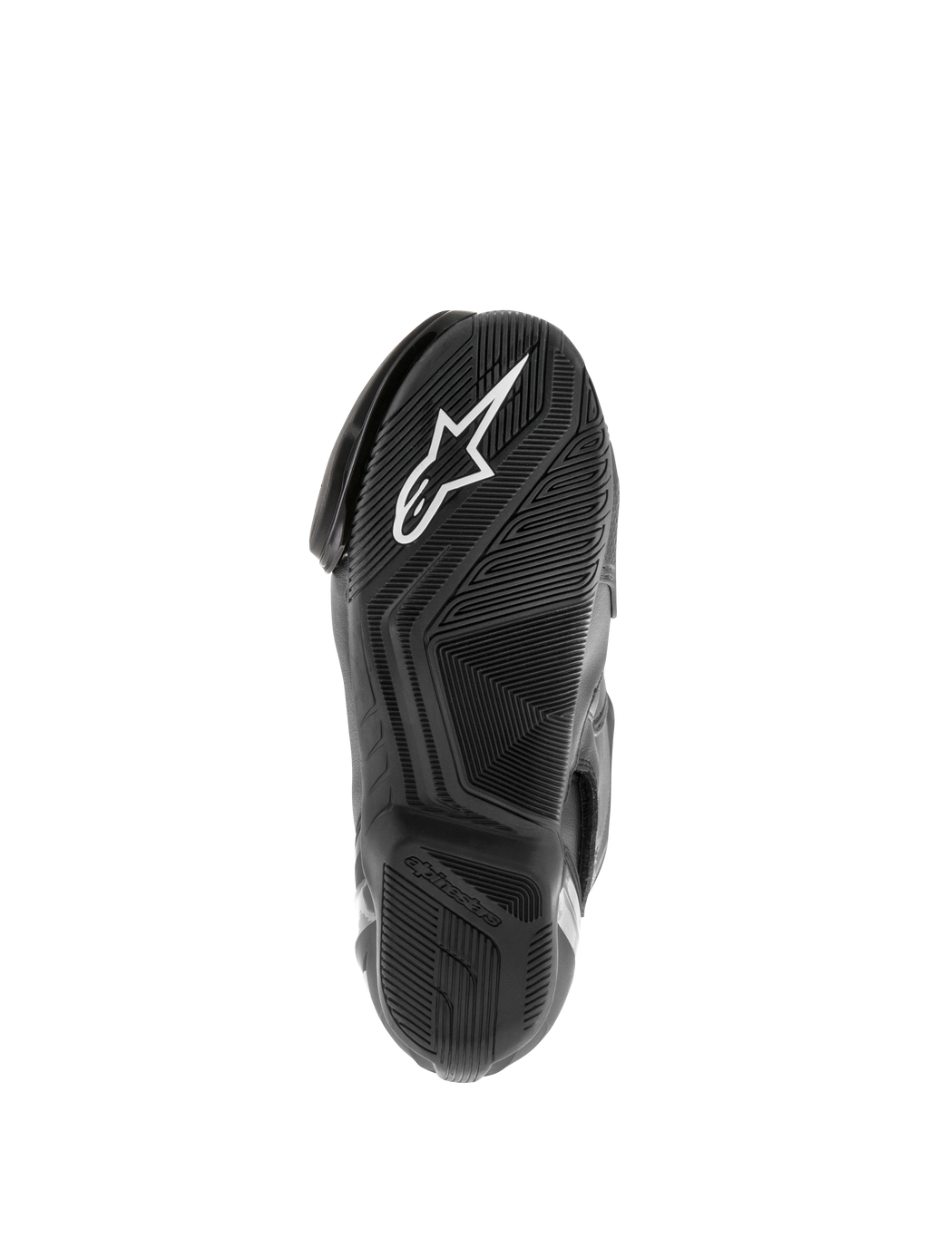 Alpinestars SMX S Waterproof Boots, motorlaarzen, zwart, zicht op de getextureerde rubberen zool met wit Astar-logo en waterafvoerend loopvlakpatroon