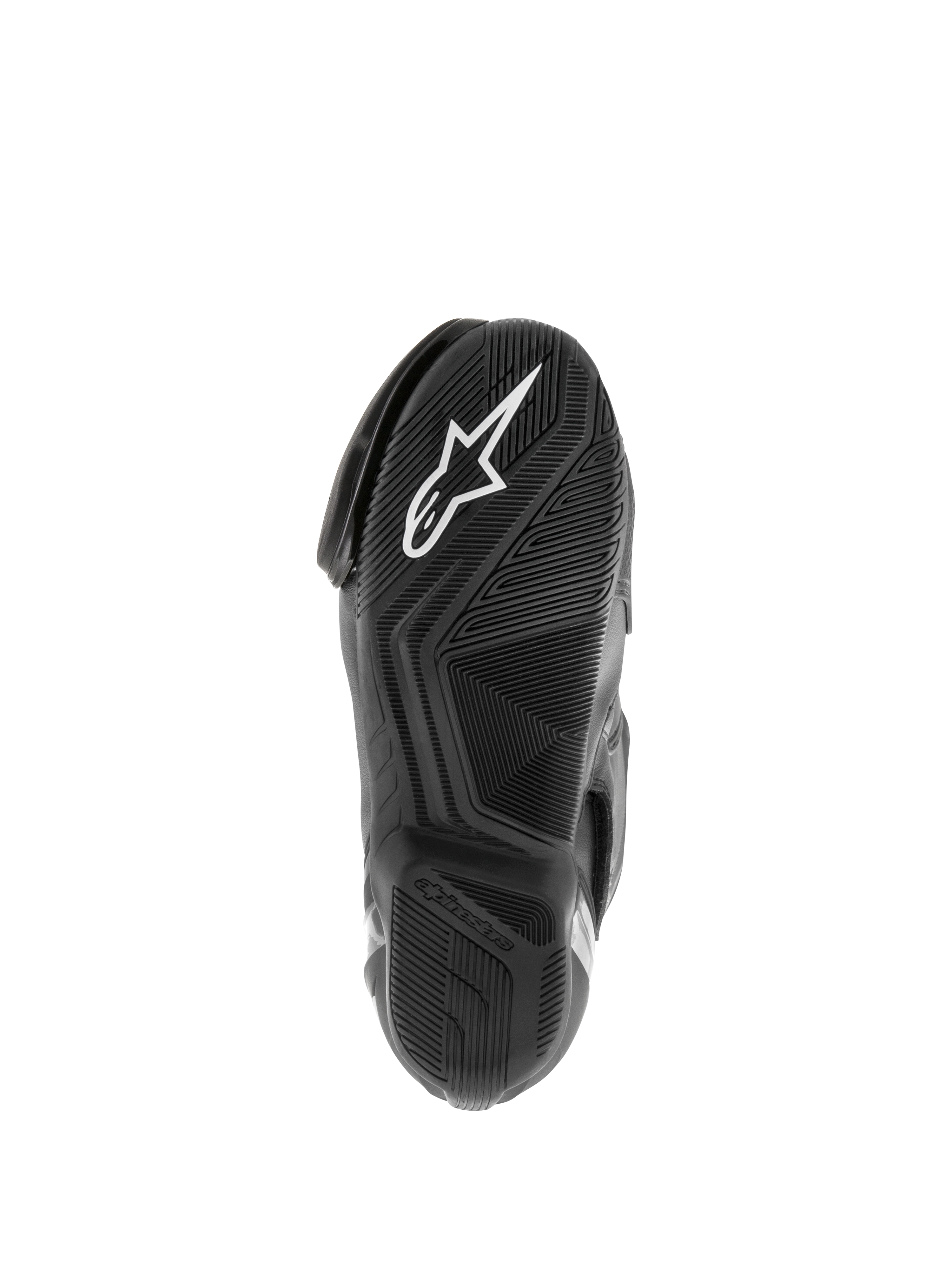 Alpinestars SMX S Waterproof Boots, motorlaarzen, zwart, zicht op de getextureerde rubberen zool met wit Astar-logo en waterafvoerend loopvlakpatroon