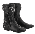Alpinestars SMX Plus V2 GORE-TEX laarzen, zwarte motorrace-laarzen met zilveren en witte logo's, waterdicht en ademend ontwerp, versterkte enkelbescherming, flexibele accordeonpanelen en beschermende TPU-platen voor racen en sportief rijden