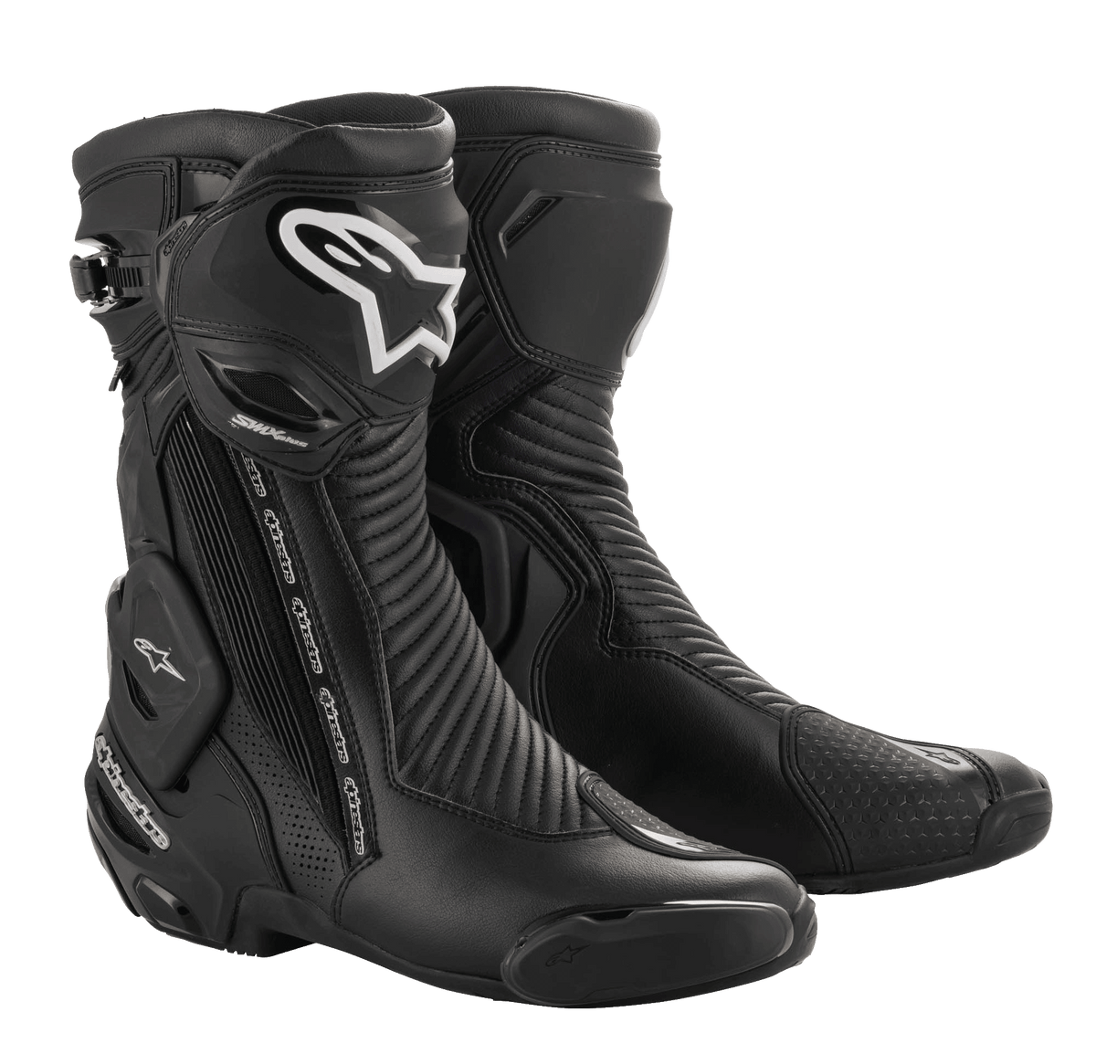 Alpinestars SMX Plus V2 GORE-TEX laarzen, zwarte motorrace-laarzen met zilveren en witte logo's, waterdicht en ademend ontwerp, versterkte enkelbescherming, flexibele accordeonpanelen en beschermende TPU-platen voor racen en sportief rijden