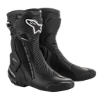 Alpinestars SMX Plus V2 GORE-TEX laarzen, zwarte motorrace-laarzen met zilveren en witte logo's, waterdicht en ademend ontwerp, versterkte enkelbescherming, flexibele accordeonpanelen en beschermende TPU-platen voor racen en sportief rijden