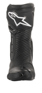 Alpinestars SMX Plus V2 GORE-TEX laars, motorrace-laars, zwart en zilver, vooraanzicht met een wit Alpinestars-logo op de scheenplaat, accordeon flexpanelen en beschermende teenslider.