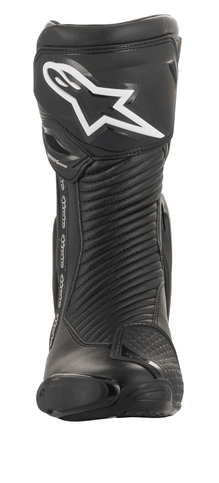 Alpinestars SMX Plus V2 GORE-TEX laars, motorrace-laars, zwart en zilver, vooraanzicht met een wit Alpinestars-logo op de scheenplaat, accordeon flexpanelen en beschermende teenslider.