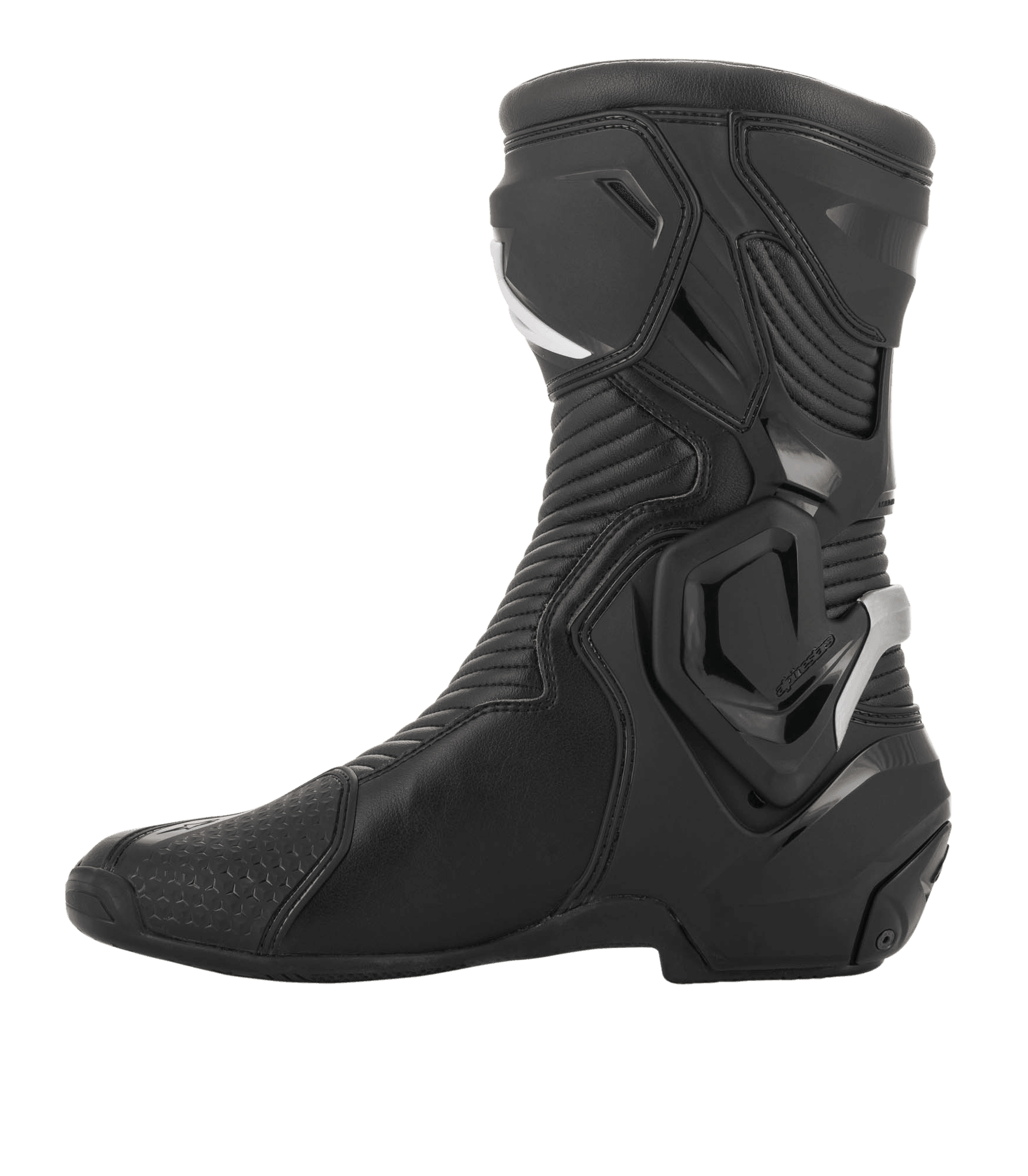 Alpinestars SMX Plus V2 GORE-TEX laars, performance motorlaars, zwart en zilver, zijprofiel met geavanceerde microvezelconstructie, Multi-Link Control enkelsysteem en flexibele accordeonpanelen voor sport- en toerrijders.