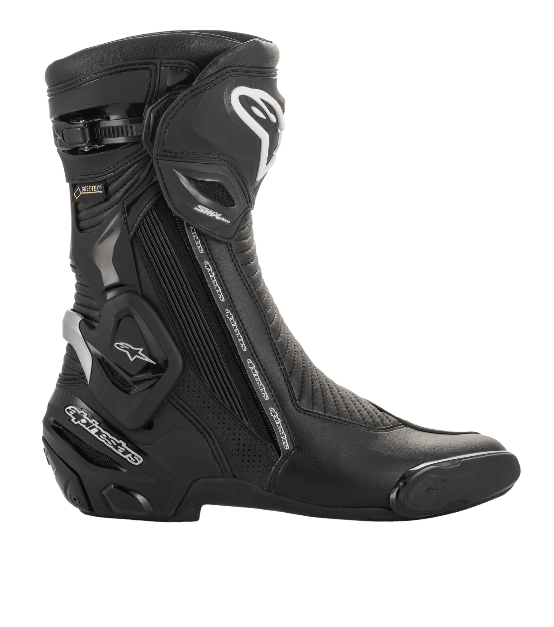 Alpinestars SMX Plus V2 GORE-TEX laars, sportieve motorlaars, zwart en zilver, zijaanzicht met wit Alpinestars-logo, beschermende scheenplaat en GORE-TEX-branding, ontworpen voor hoogwaardige race- en wegprestaties