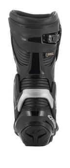 Alpinestars SMX Plus V2 GORE-TEX laars, achteraanzicht, zwart en zilver, voorzien van Multi-Link Control-systeem, TPU hielbeschermer en accordion stretchpanelen voor motorracen en toerrijden