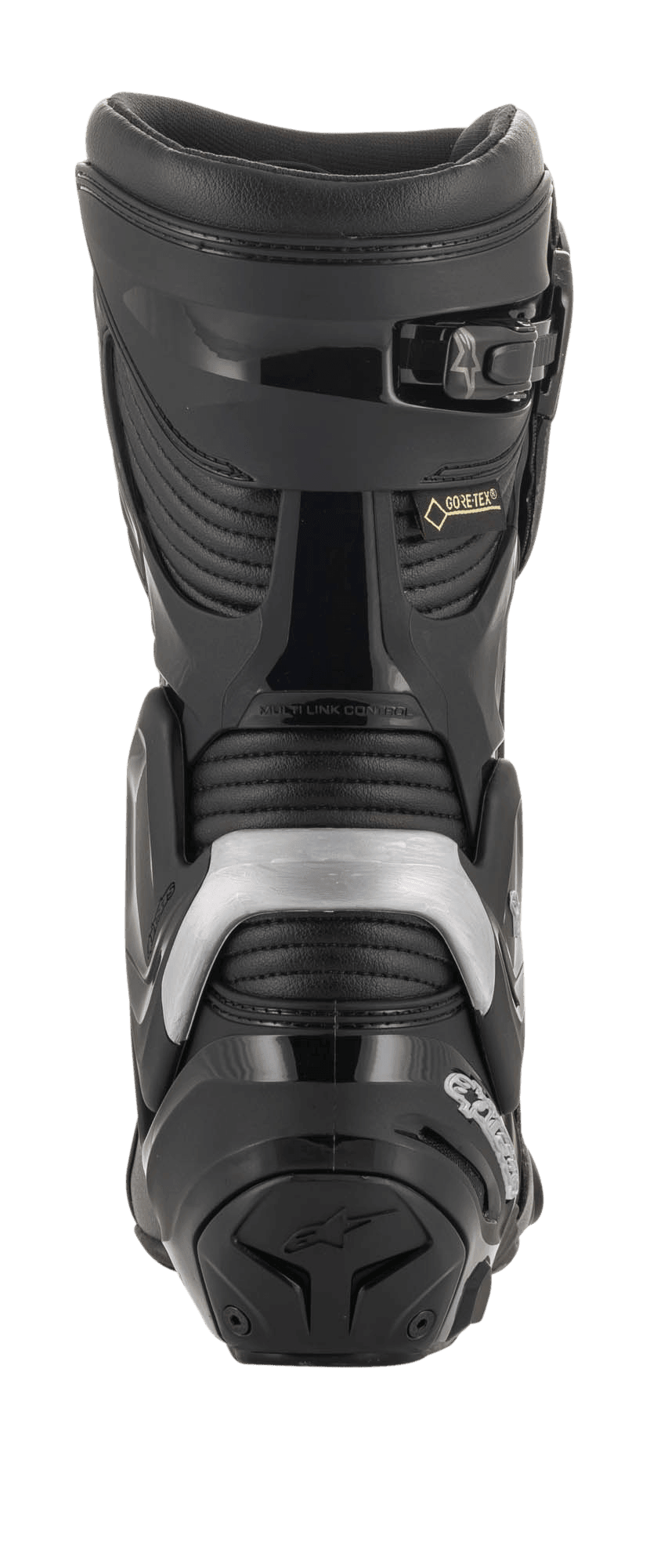 Alpinestars SMX Plus V2 GORE-TEX laars, achteraanzicht, zwart en zilver, voorzien van Multi-Link Control-systeem, TPU hielbeschermer en accordion stretchpanelen voor motorracen en toerrijden