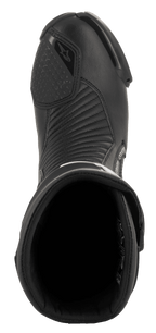 Alpinestars SMX Plus V2 GORE-TEX laars, motorracelaars, zwart, bovenaanzicht met de instapopening, binnenvoering en accordeon microvezel flexpanelen op de wreef