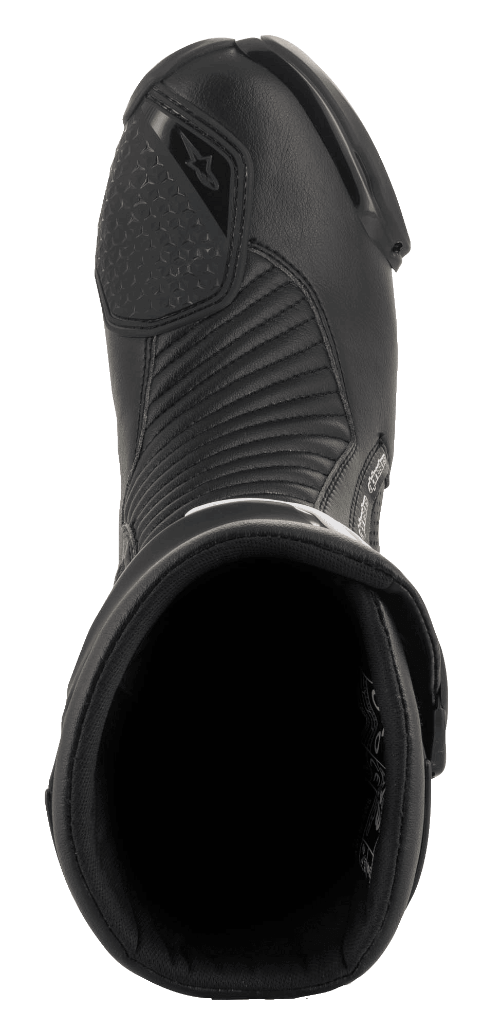 Alpinestars SMX Plus V2 GORE-TEX laars, motorracelaars, zwart, bovenaanzicht met de instapopening, binnenvoering en accordeon microvezel flexpanelen op de wreef