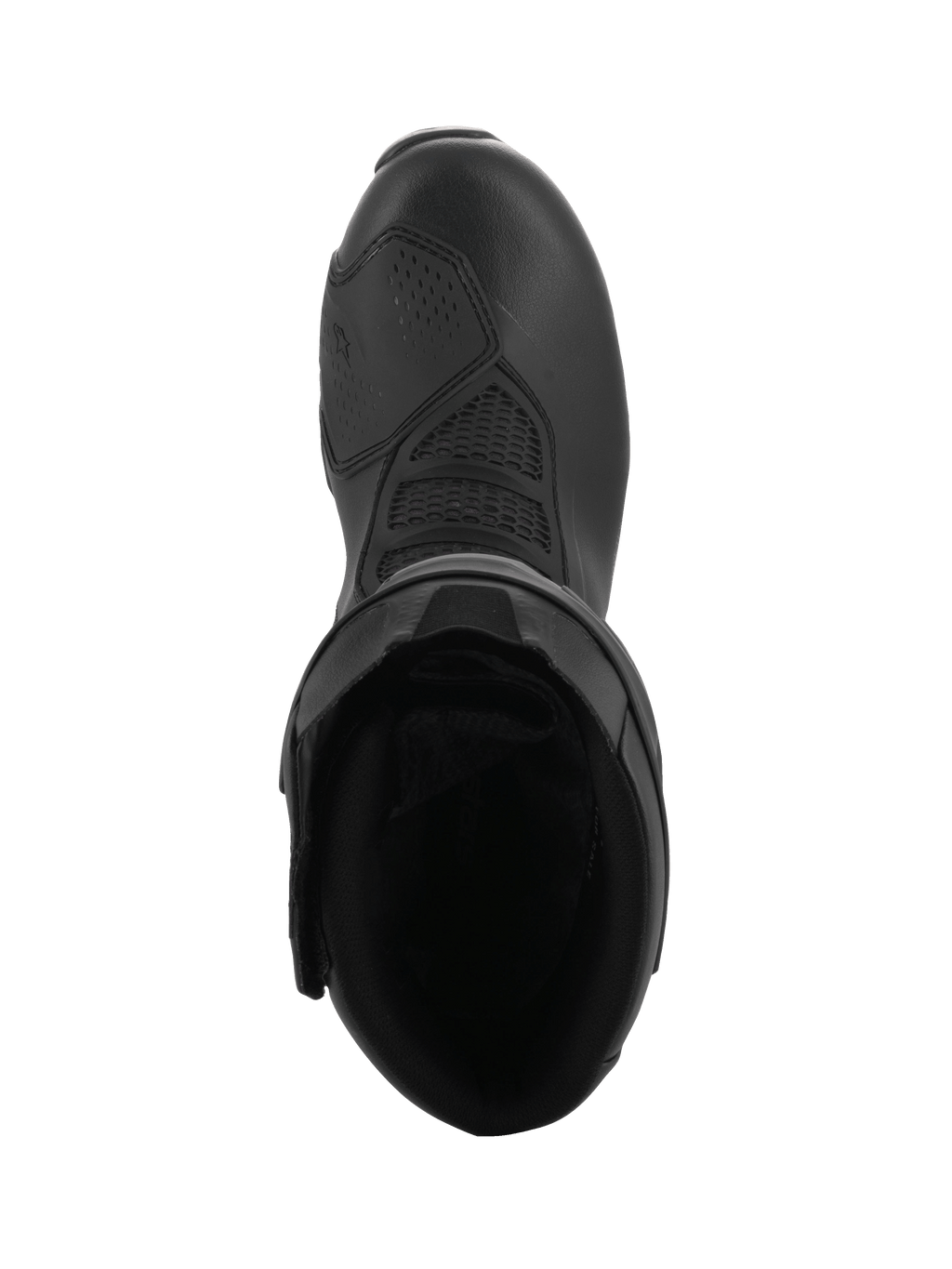Alpinestars SMX-6 V3 GORE-TEX Boots, Black, top-down view looking into the boot interior, featuring textured microfiber upper and protective lining, performance motorcycle footwear