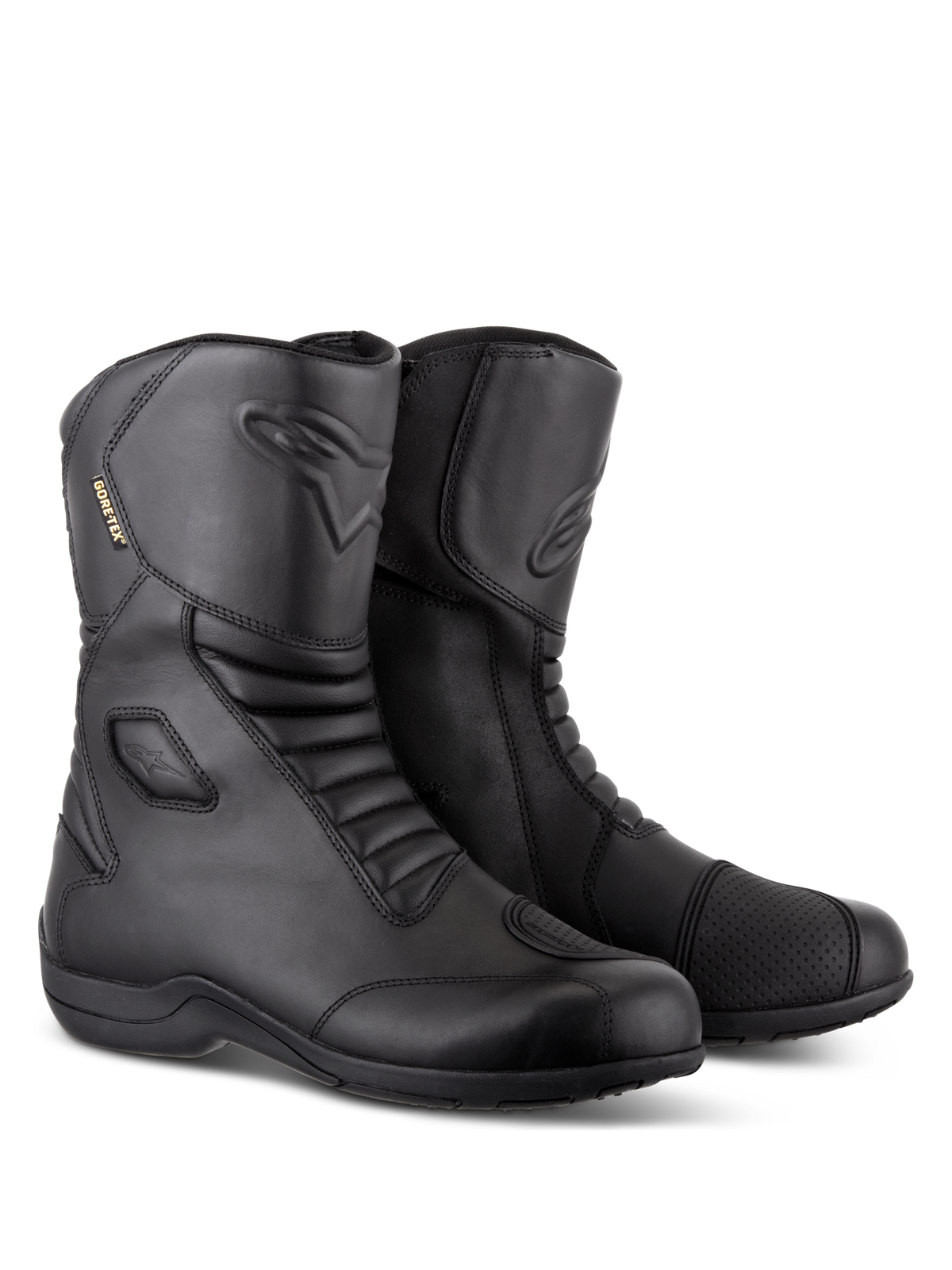 Alpinestars Web GORE-TEX laarzen, zwarte waterdichte motor-tourlaarzen, lederen constructie met accordeon-flexzones aan de voor- en achterzijde, versterkt schakelpad en ontwerp met zij-ingang voor rijden op de weg