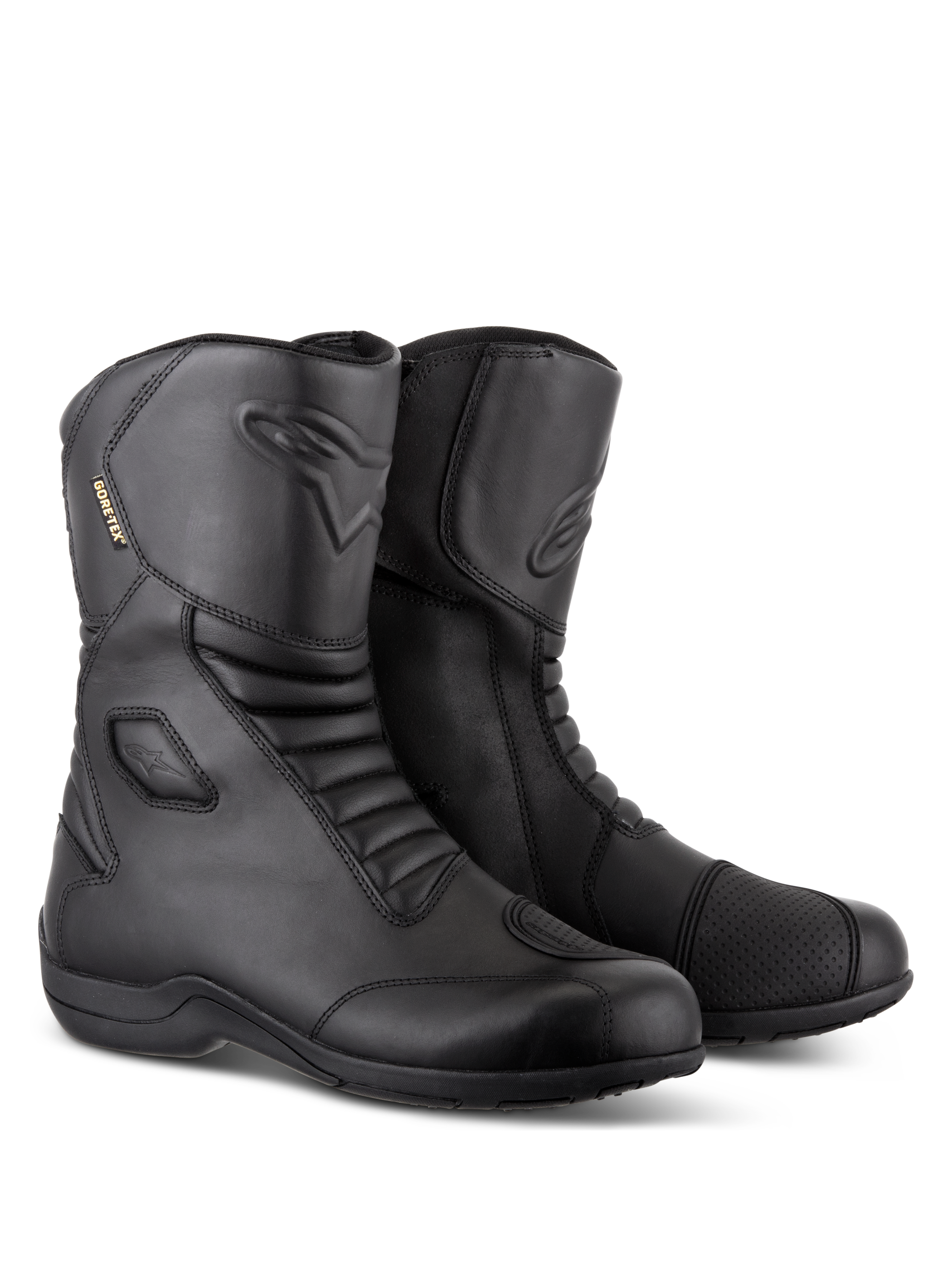 Alpinestars Web GORE-TEX laarzen, zwarte waterdichte motor-tourlaarzen, lederen constructie met accordeon-flexzones aan de voor- en achterzijde, versterkt schakelpad en ontwerp met zij-ingang voor rijden op de weg