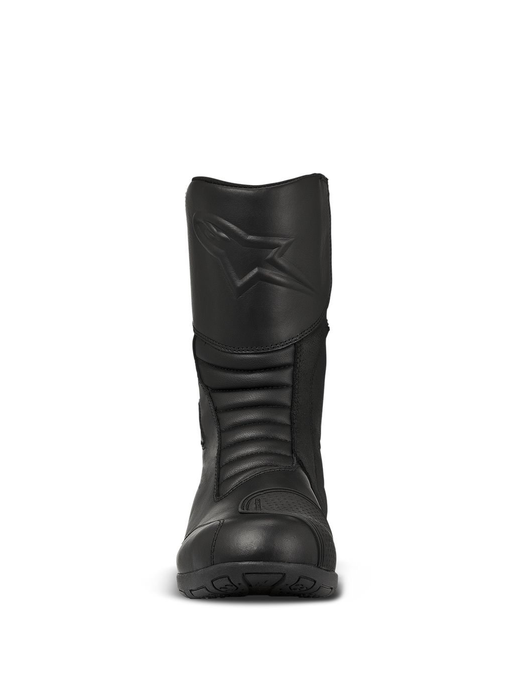 Alpinestars Web GORE-TEX laarzen, zwarte touring motorlaarzen, vooraanzicht met een reliëf sterlogo op het scheenbeen, accordeon flexzones voor beweeglijkheid en duurzame leren constructie.