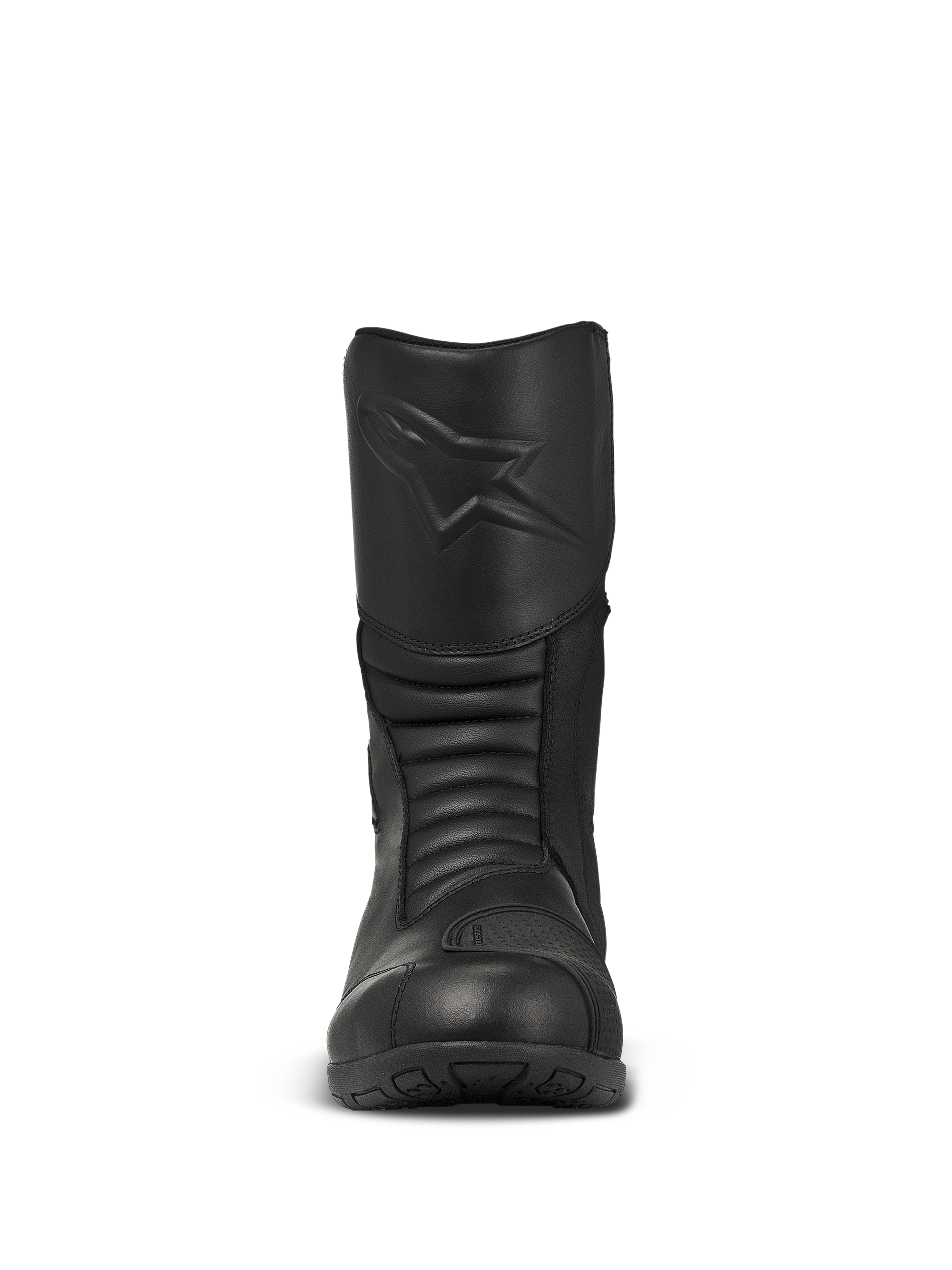 Alpinestars Web GORE-TEX laarzen, zwarte touring motorlaarzen, vooraanzicht met een reliëf sterlogo op het scheenbeen, accordeon flexzones voor beweeglijkheid en duurzame leren constructie.