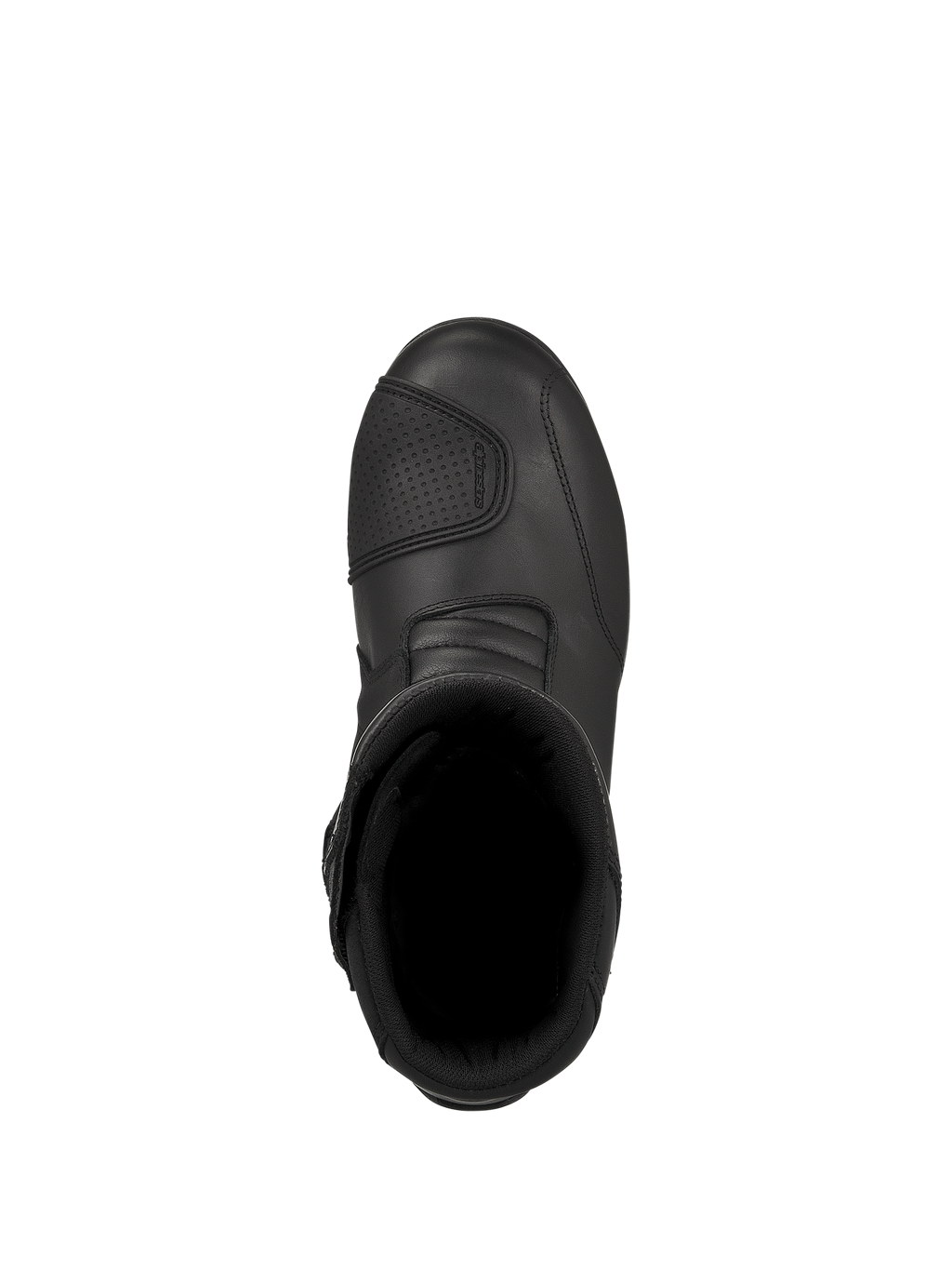 Alpinestars Web GORE-TEX laarzen, zwarte motor toerlaarzen, bovenaanzicht met de binnenopening en het getextureerde schakelpad, duurzame leren constructie voor rijden op de weg