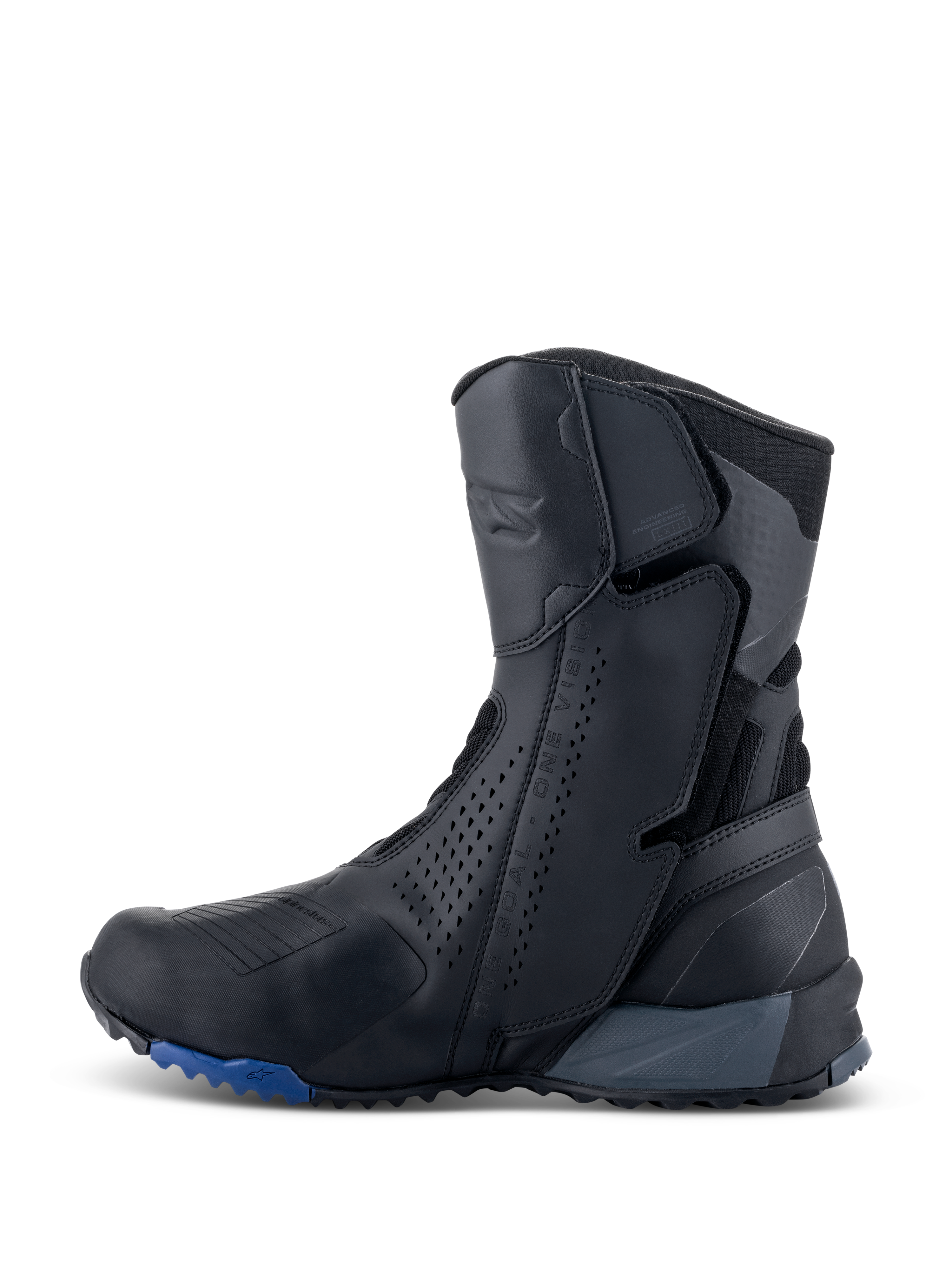 Alpinestars RT-8 GORE-TEX Boots, Motorcycle Touring Boots, Black and Blue, side profile view showing a sleek microfiber upper with perforated panels, integrated protection zones, and a rugged blue-accented sole.