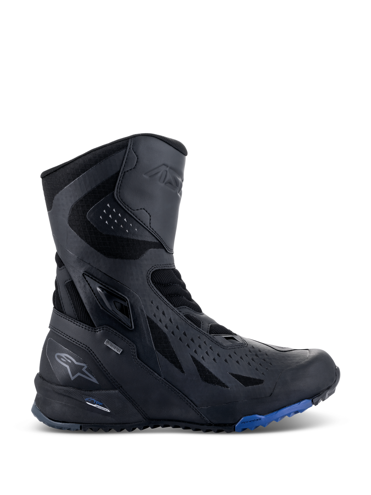 Alpinestars RT-8 GORE-TEX laarzen, touring motorlaarzen, zwart met blauwe zoolaccenten, technisch high-top ontwerp met een bovenwerk van microvezel en textiel, driehoekige perforaties, GORE-TEX-branding en een robuuste zool.