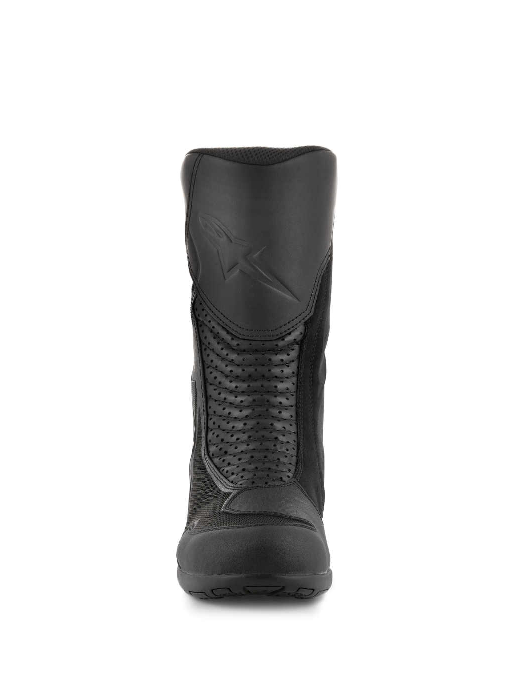 Alpinestars Air Plus V2 GORE-TEX laarzen, motor toerlaarzen, zwart, vooraanzicht met de gegoten scheenbeschermer met reliëflogo, geperforeerde lederen accordeonpanelen voor flexibiliteit en ademende mesh-inzetstukken.