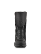 Alpinestars Air Plus V2 GORE-TEX laarzen, motor toerlaarzen, zwart, vooraanzicht met de gegoten scheenbeschermer met reliëflogo, geperforeerde lederen accordeonpanelen voor flexibiliteit en ademende mesh-inzetstukken.