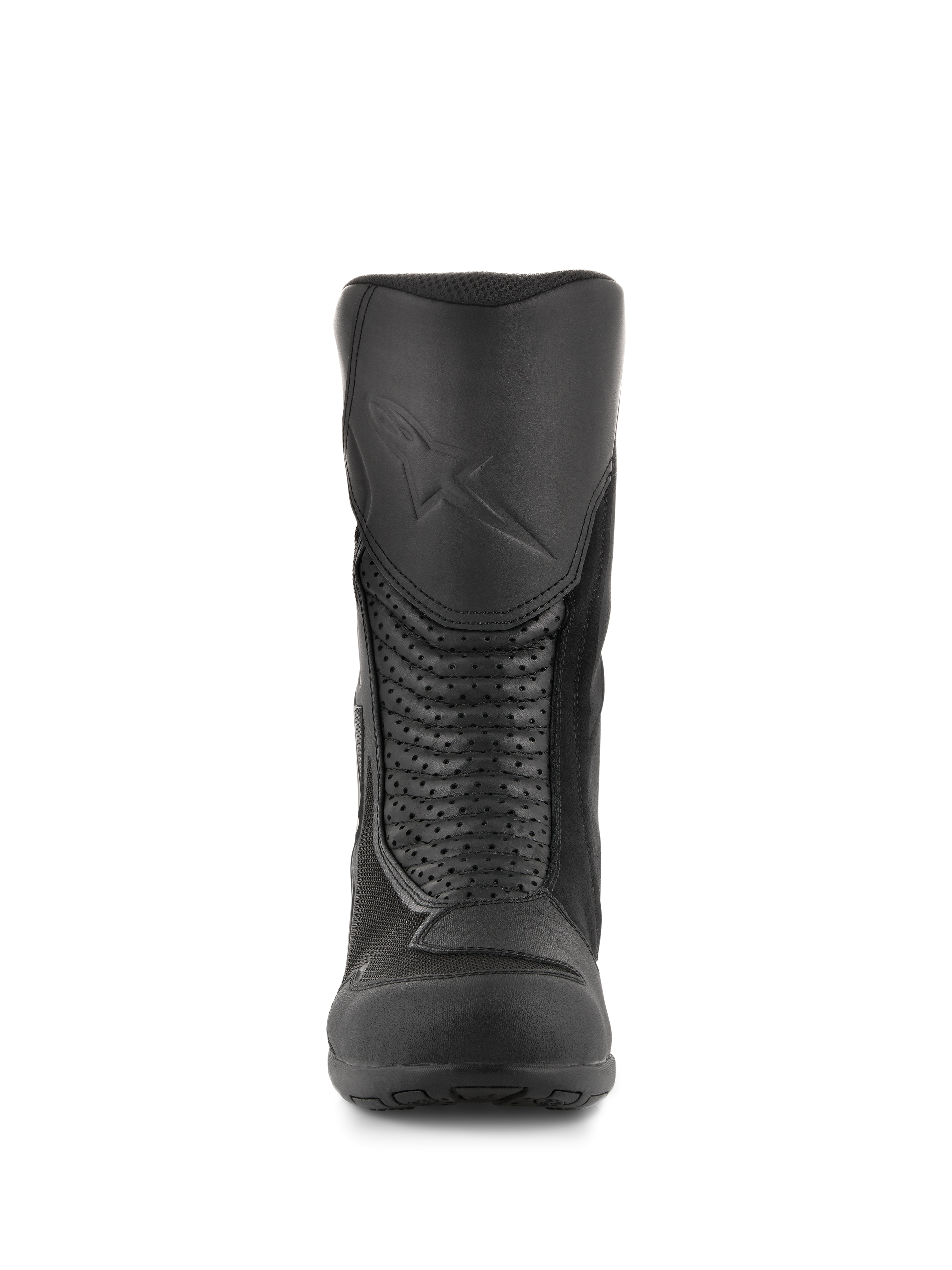 Alpinestars Air Plus V2 GORE-TEX laarzen, motor toerlaarzen, zwart, vooraanzicht met de gegoten scheenbeschermer met reliëflogo, geperforeerde lederen accordeonpanelen voor flexibiliteit en ademende mesh-inzetstukken.