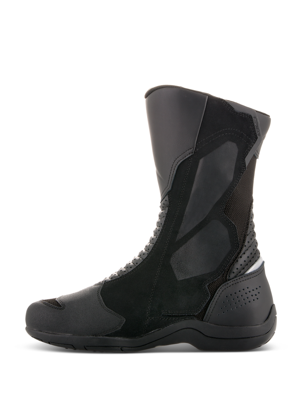Alpinestars Air Plus V2 GORE-TEX laarzen, touring motorlaarzen, zwart, zijaanzicht, constructie van meerdere materialen met geventileerd mesh en lederen panelen, hoog ontwerp met verstevigde scheenbeen- en hielbescherming voor rijden in alle weersomstandigheden