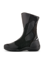 Alpinestars Air Plus V2 GORE-TEX laarzen, touring motorlaarzen, zwart, zijaanzicht, constructie van meerdere materialen met geventileerd mesh en lederen panelen, hoog ontwerp met verstevigde scheenbeen- en hielbescherming voor rijden in alle weersomstandigheden
