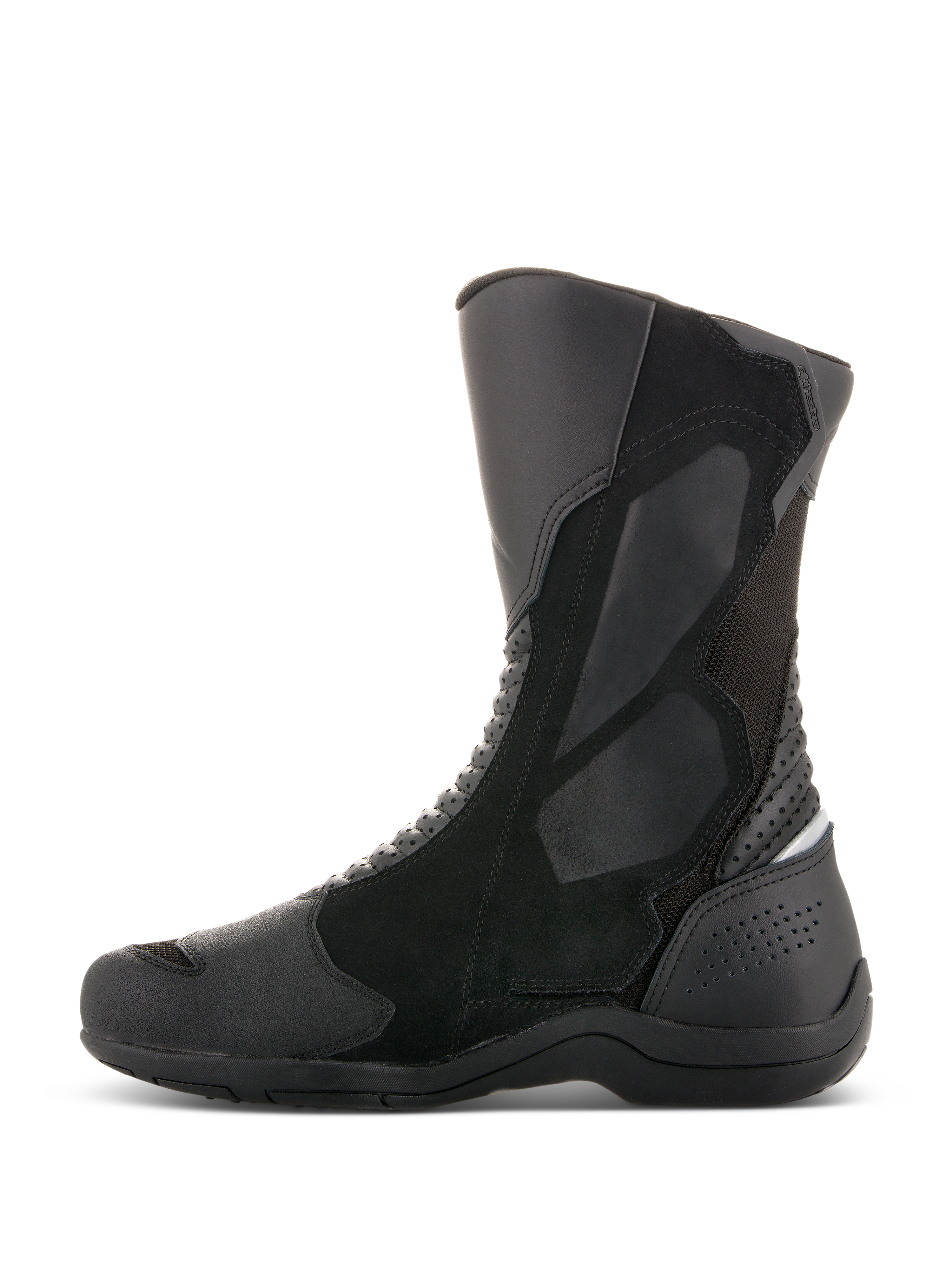 Alpinestars Air Plus V2 GORE-TEX laarzen, touring motorlaarzen, zwart, zijaanzicht, constructie van meerdere materialen met geventileerd mesh en lederen panelen, hoog ontwerp met verstevigde scheenbeen- en hielbescherming voor rijden in alle weersomstandigheden