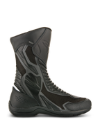 Alpinestars Air Plus V2 GORE-TEX laarzen, zwarte motor touringlaarzen, zijaanzicht met geventileerde mesh en geperforeerde lederen constructie, waterdicht en ademend ontwerp, versterkte beschermingszones, stevige rubberen zool, GORE-TEX merkdetail