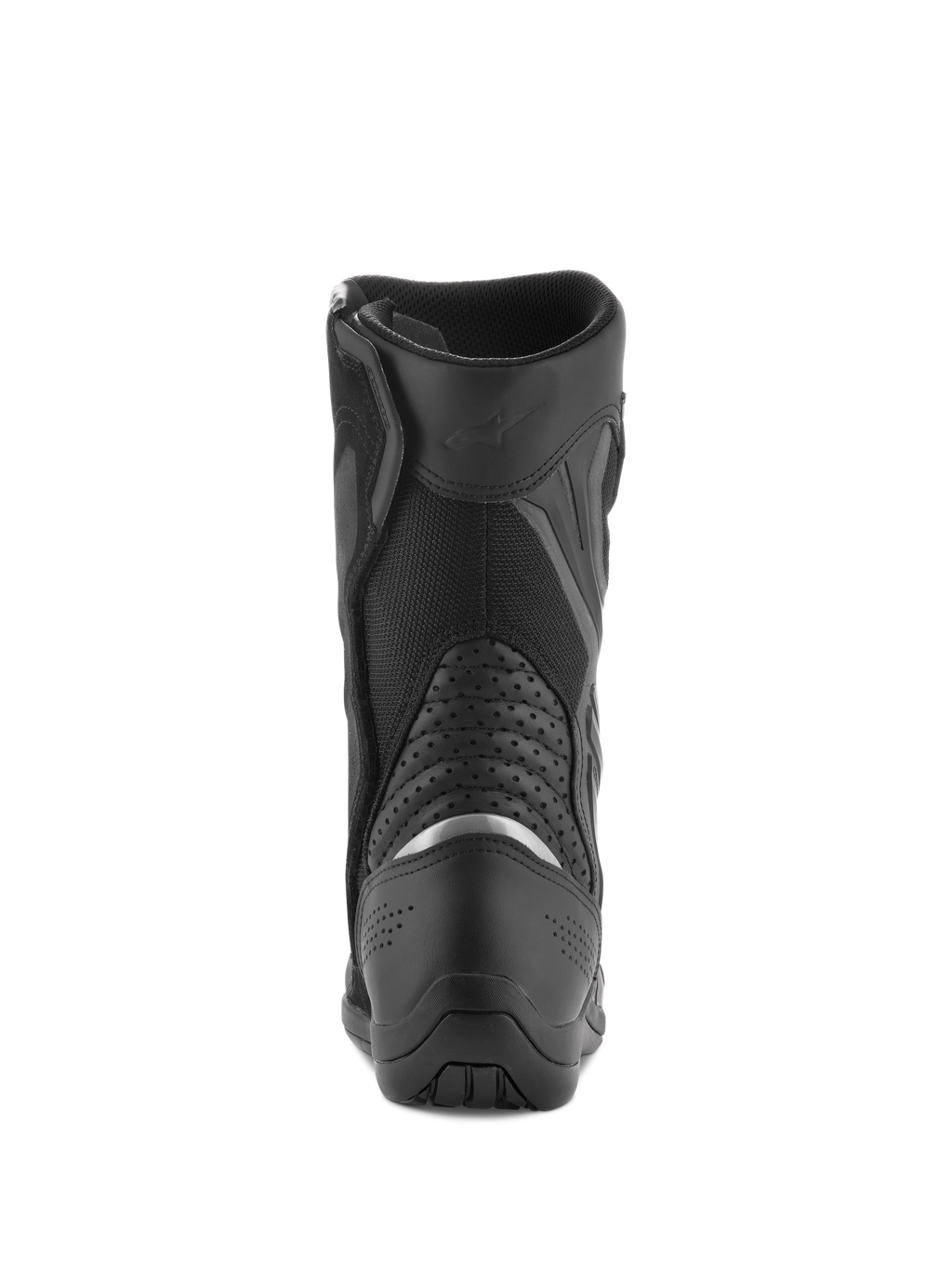 Alpinestars Air Plus V2 GORE-TEX laarzen, motortouringlaarzen, zwart, achteraanzicht van de hiel en kuit, met zilveren reflecterend inzetstuk, geperforeerde lederen accordeonpanelen en ademende meshconstructie