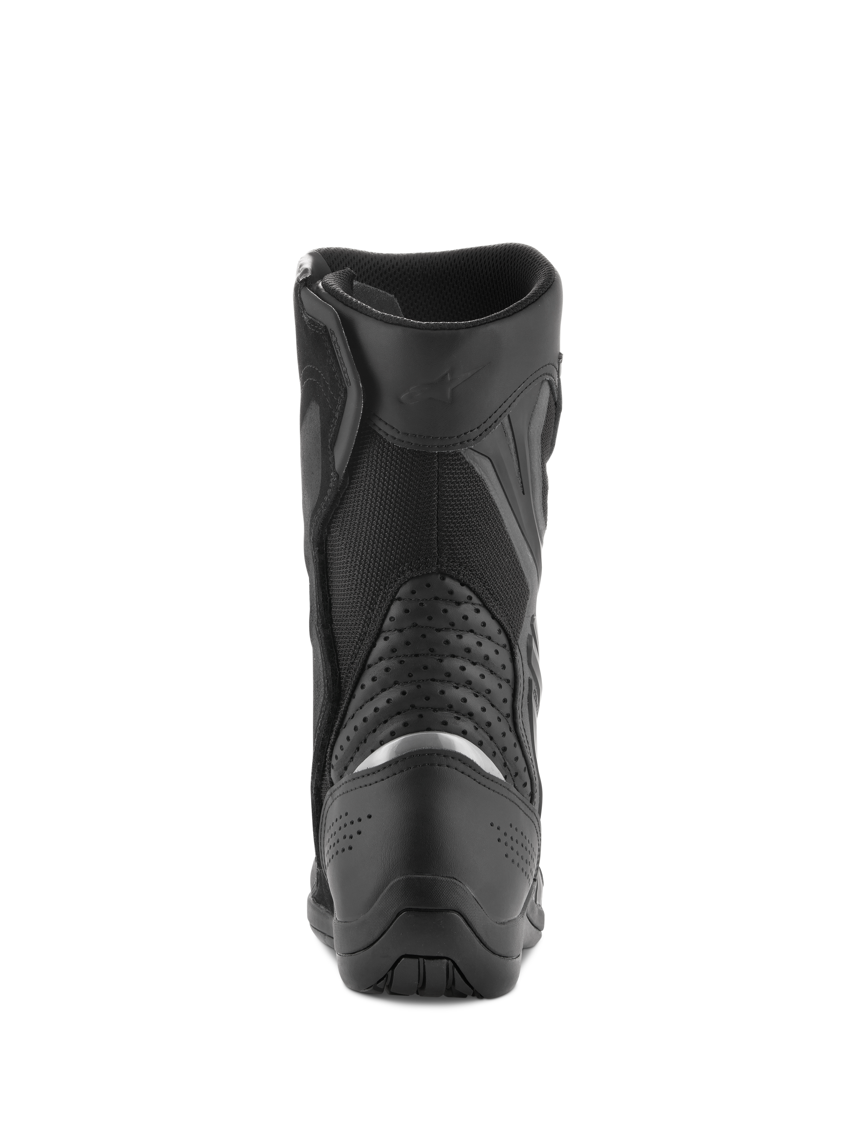 Alpinestars Air Plus V2 GORE-TEX laarzen, motortouringlaarzen, zwart, achteraanzicht van de hiel en kuit, met zilveren reflecterend inzetstuk, geperforeerde lederen accordeonpanelen en ademende meshconstructie