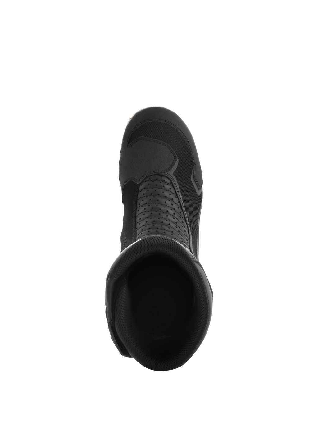 Alpinestars Air Plus V2 GORE-TEX laarzen, zwart, bovenaanzicht met inkijk in de opening van de laars, toont de ademende mesh-constructie, geperforeerde leren panelen en gestroomlijnd ontwerp voor motortouring.