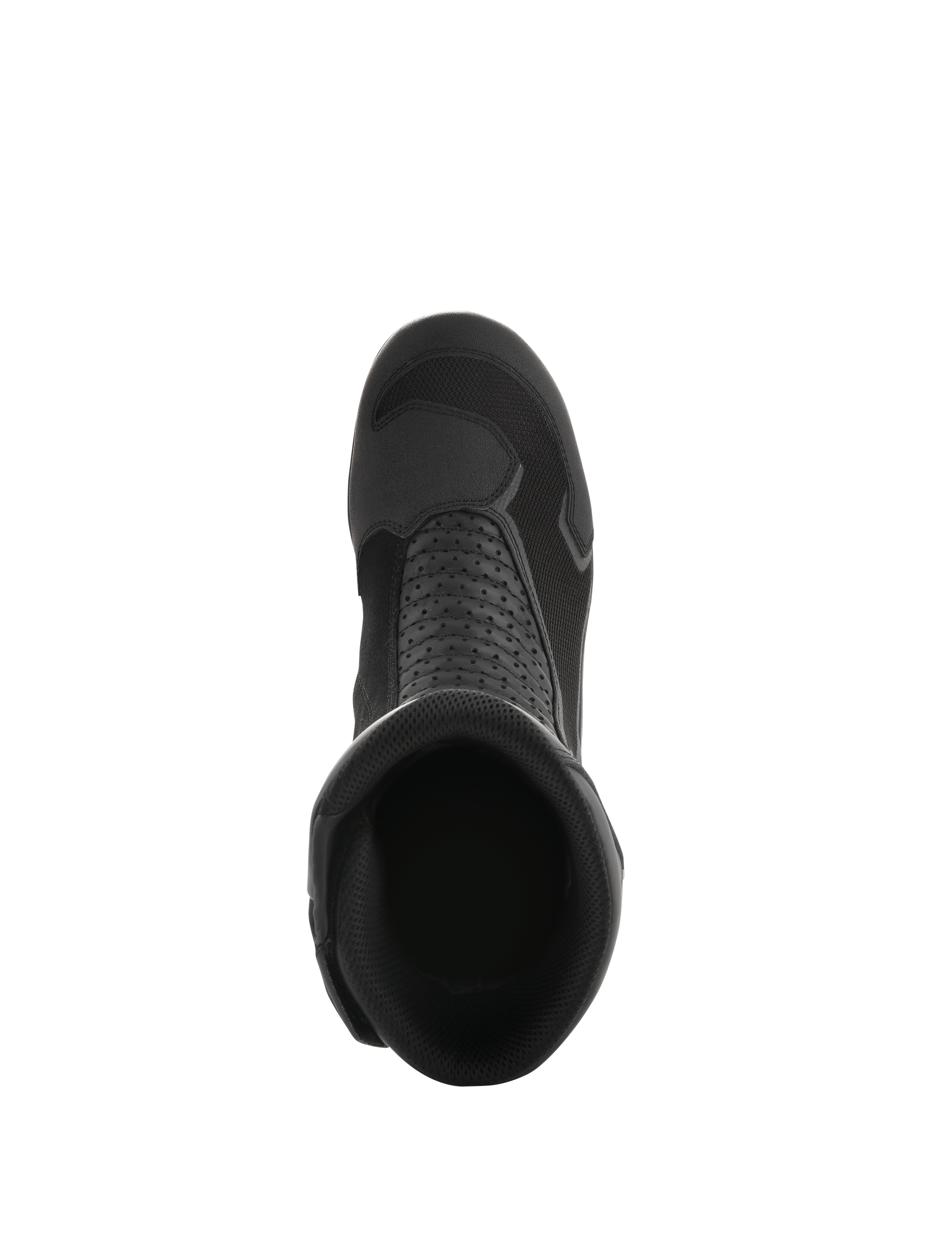 Alpinestars Air Plus V2 GORE-TEX laarzen, zwart, bovenaanzicht met inkijk in de opening van de laars, toont de ademende mesh-constructie, geperforeerde leren panelen en gestroomlijnd ontwerp voor motortouring.