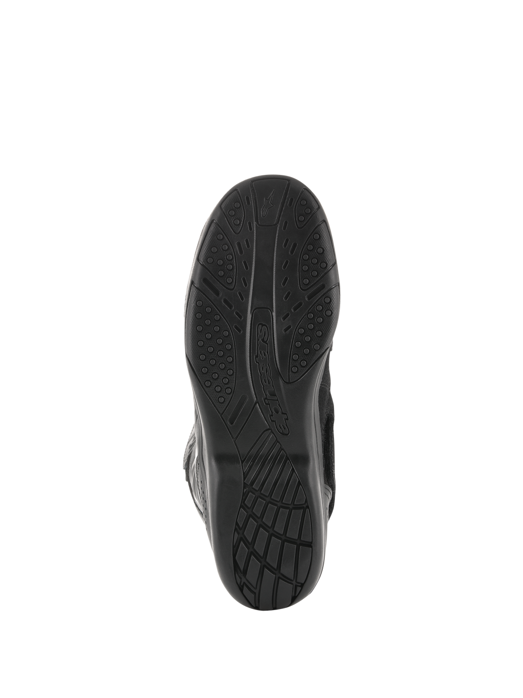 Alpinestars Air Plus V2 GORE-TEX laarzen, motor tourlaarzen, zwart, onderaanzicht van de zool met het exclusieve compound rubberen loopvlakpatroon voor grip en comfort, voorzien van Alpinestars logo