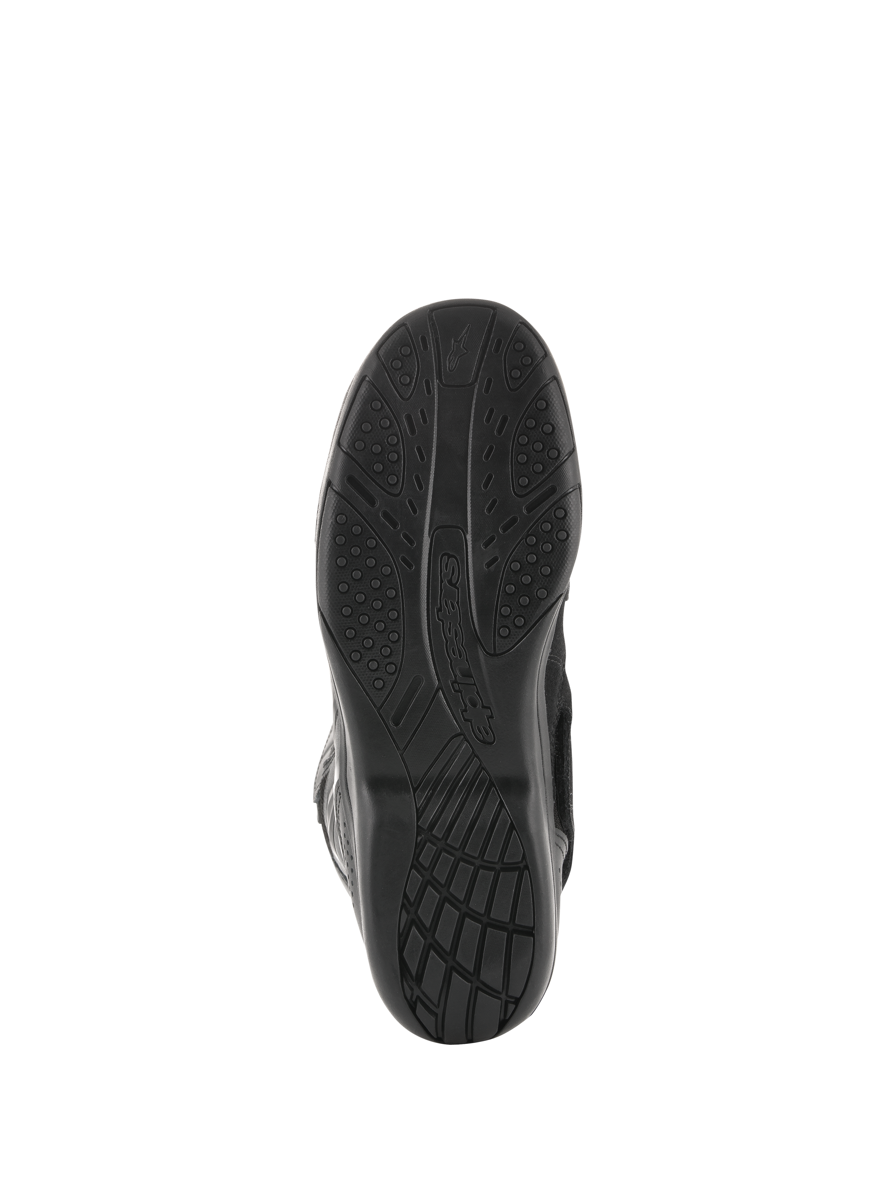 Alpinestars Air Plus V2 GORE-TEX laarzen, motor tourlaarzen, zwart, onderaanzicht van de zool met het exclusieve compound rubberen loopvlakpatroon voor grip en comfort, voorzien van Alpinestars logo