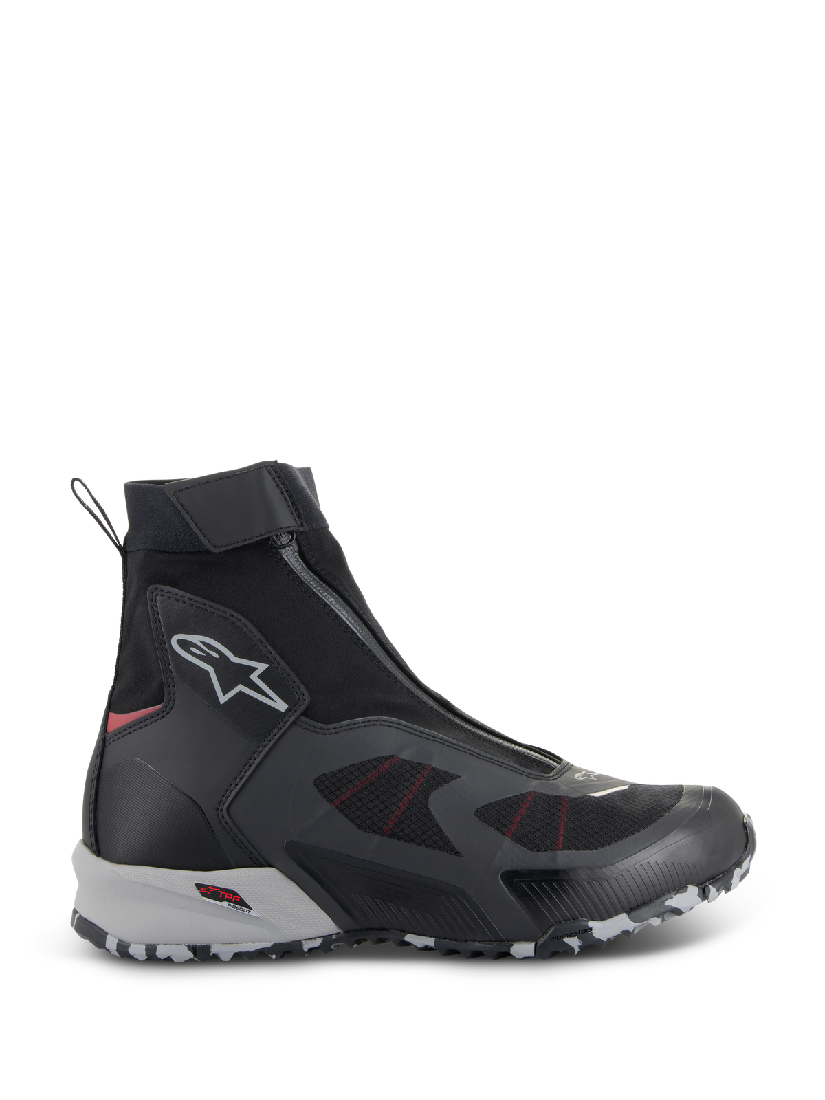 Alpinestars CR-8 Gore-Tex schoenen, hoge motorlaarzen, zwart en grijs met rode accenten, waterdicht en ademend, witte zool met gestructureerd patroon, rits aan voorzijde, geschikt voor outdoor activiteiten